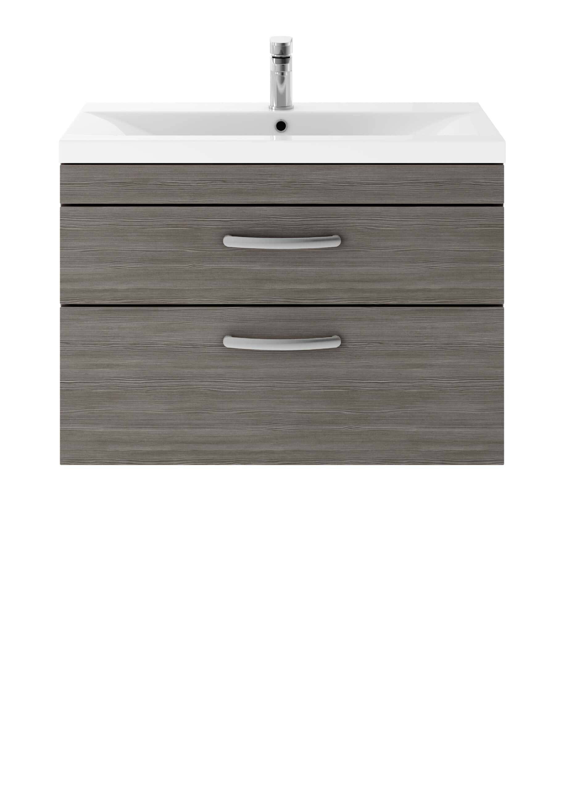 High-quality bathroom vanity unit with grey wood finish and integrated sink, ideal for modern bathroom design and storage solutions. Perfect blend of style and functionality for contemporary bathrooms.