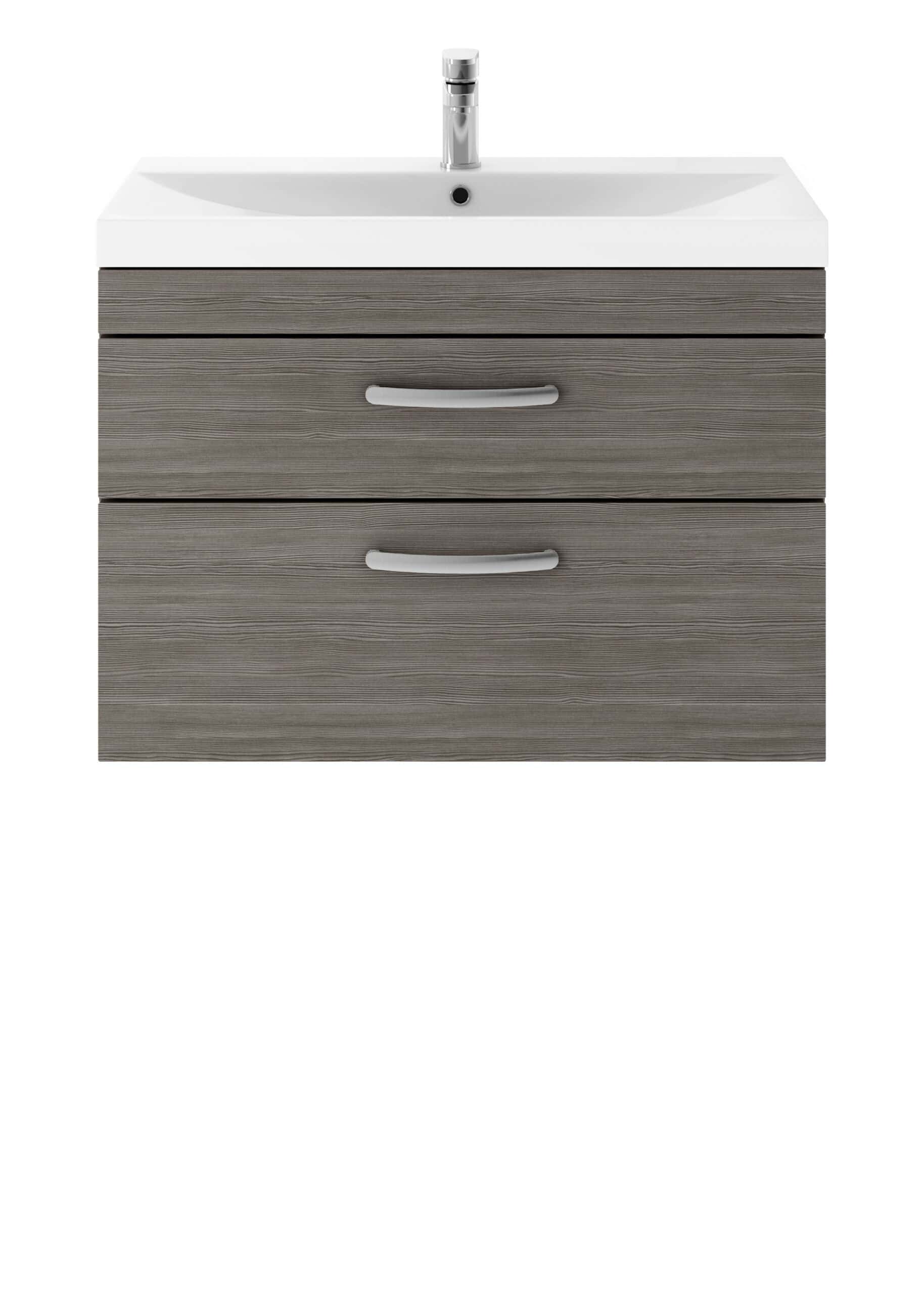 Modern bathroom vanity with integrated sink and chrome tap, featuring a sleek wood grain finish, ideal for contemporary bathrooms.