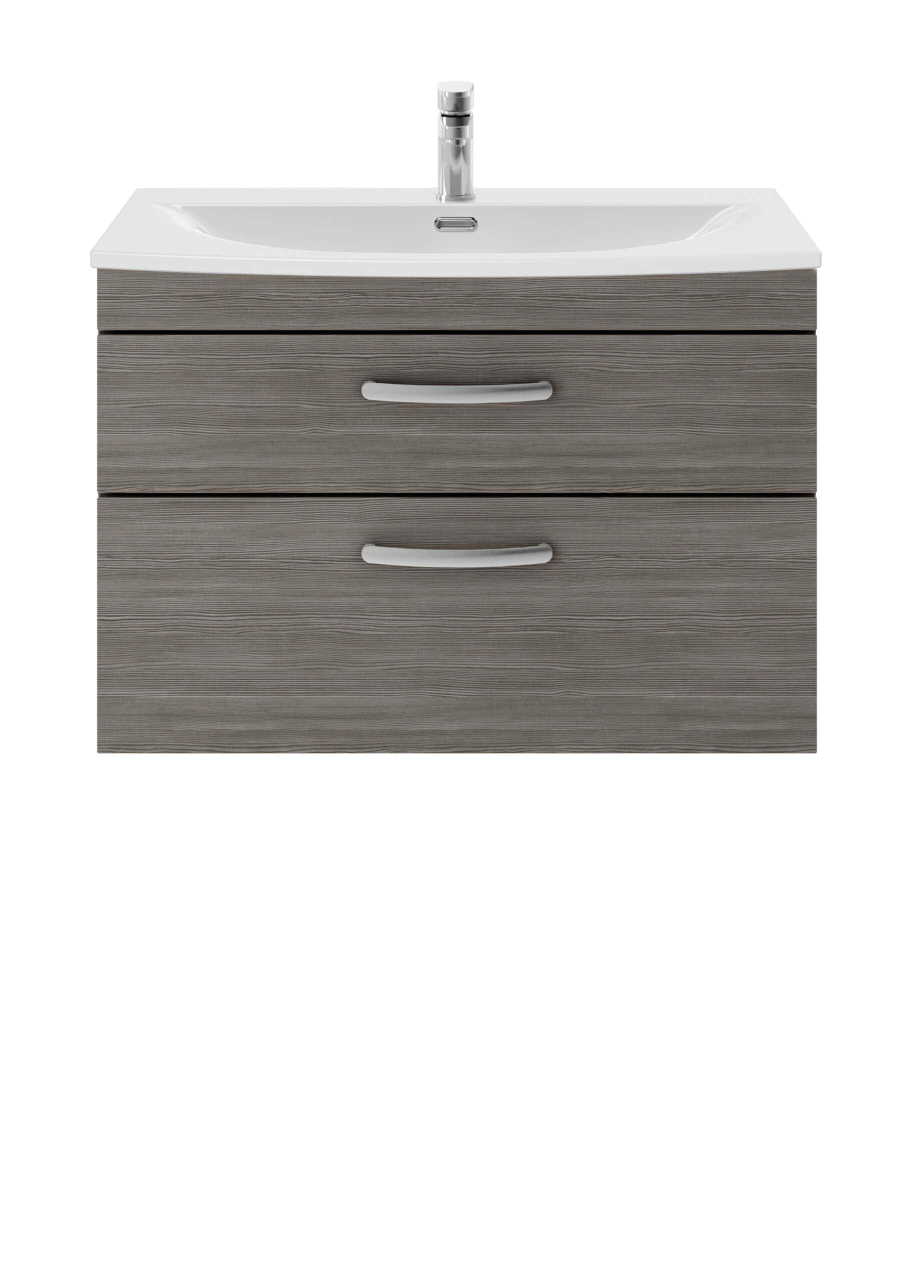 Refurbished bathroom vanity unit with a white ceramic sink, chrome tap, and grey wood-effect drawers, ideal for modern bathroom storage and organisation.