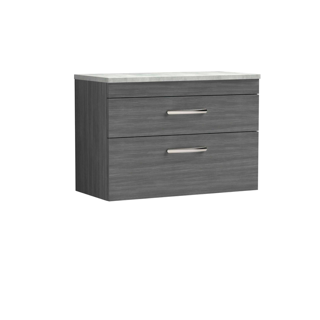 Modern grey bathroom vanity with two drawers and sleek metal handles, topped with a white stone countertop, ideal for contemporary bathroom storage solutions.