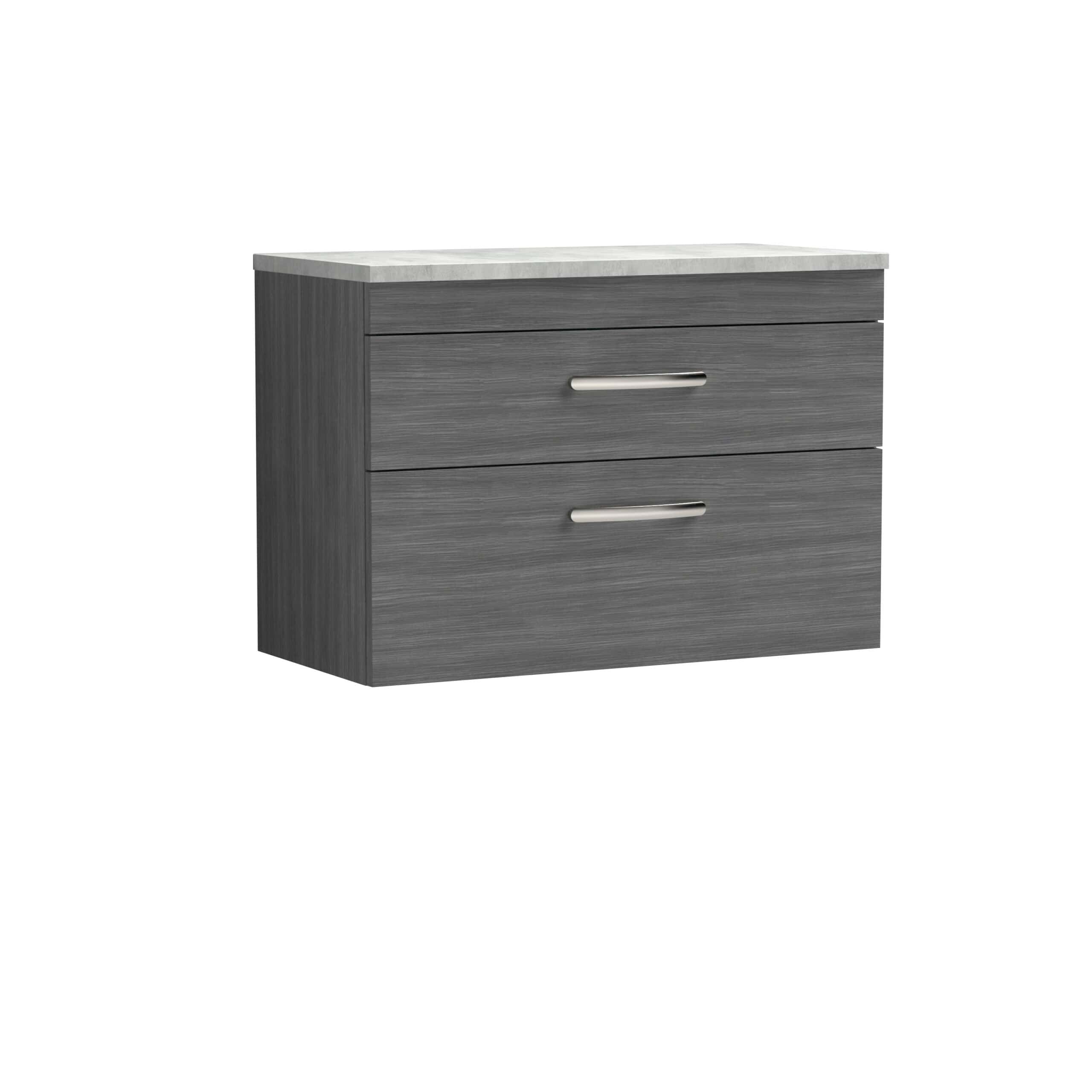 Modern grey bathroom vanity with two drawers and sleek metal handles, topped with a white stone countertop, ideal for contemporary bathroom storage solutions.