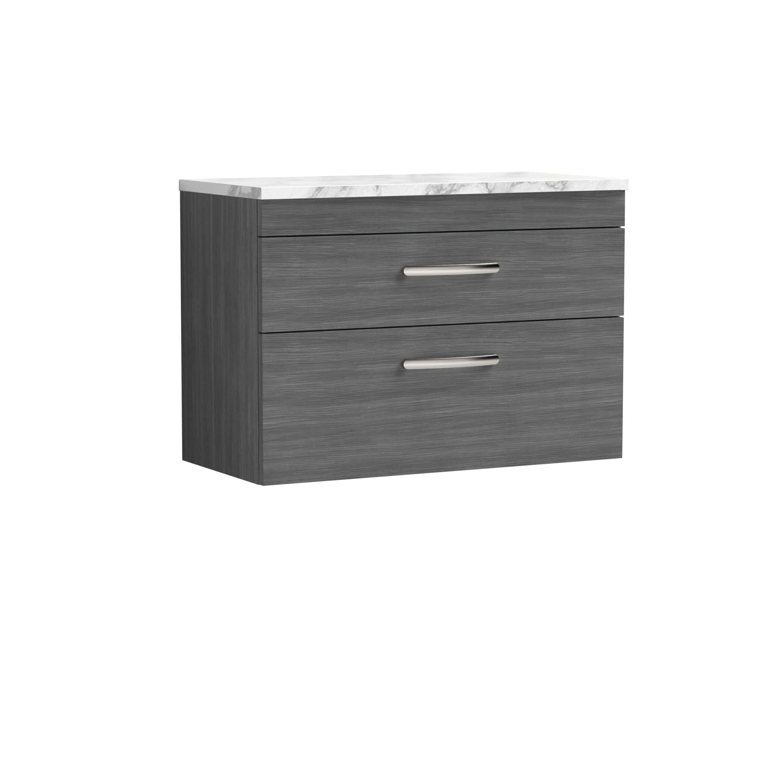 Polished grey bathroom vanity unit with two drawers and modern metal handles, topped with a white marble-effect worktop, ideal for contemporary bathroom designs.