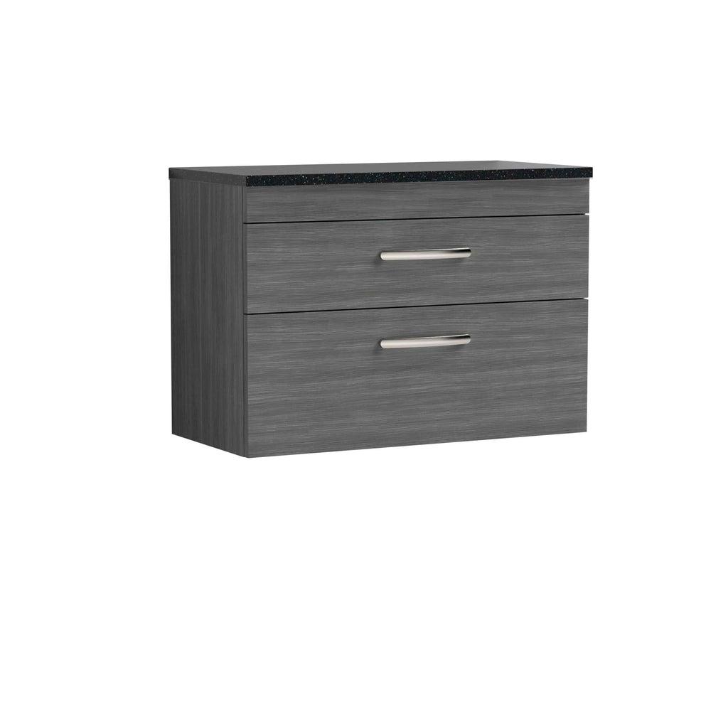 Sleek grey bathroom vanity cabinet with two drawers and modern silver handles, perfect for contemporary bathroom storage solutions. Featuring a black granite top, ideal for stylish bathroom designs.