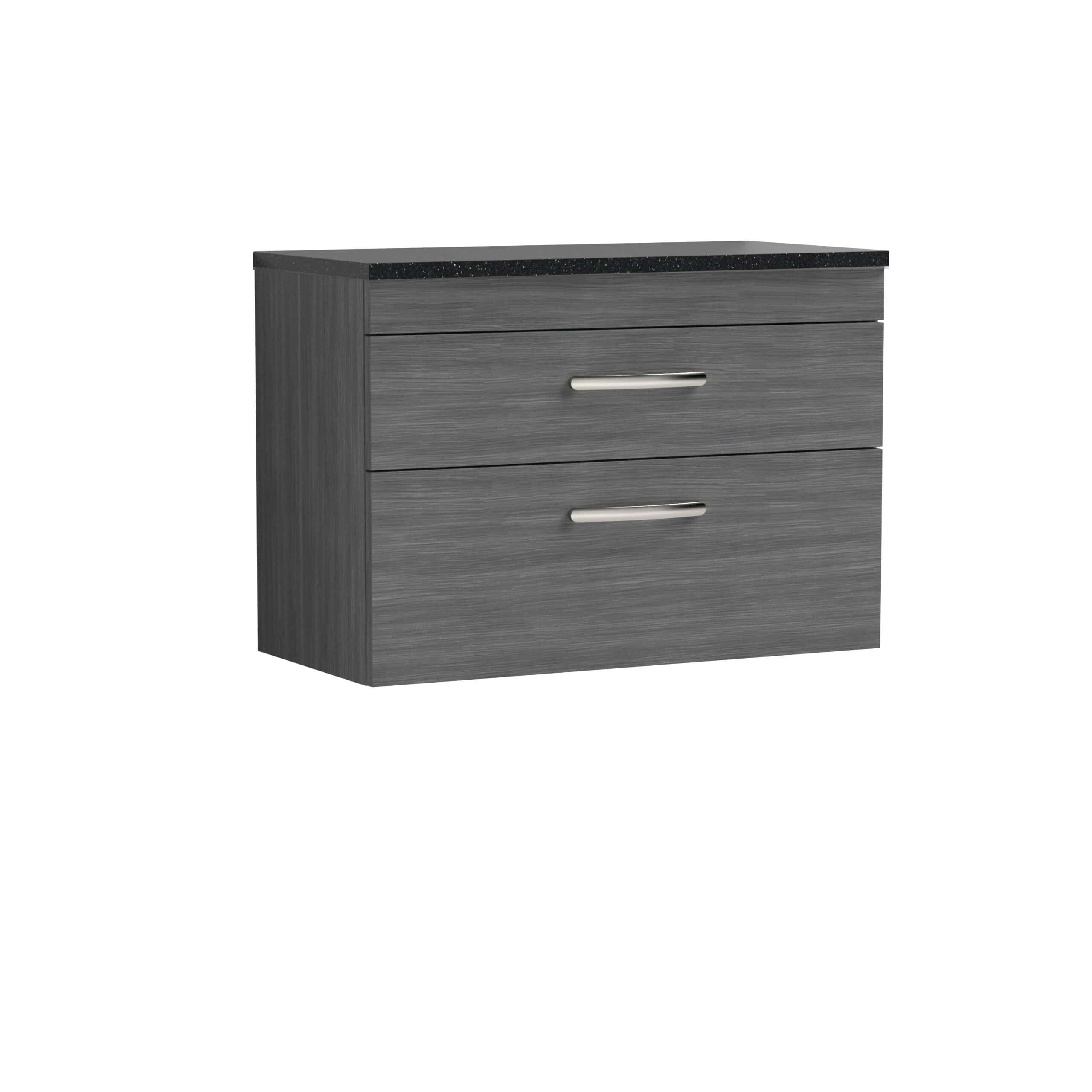 Sleek grey bathroom vanity cabinet with two drawers and modern silver handles, perfect for contemporary bathroom storage solutions. Featuring a black granite top, ideal for stylish bathroom designs.