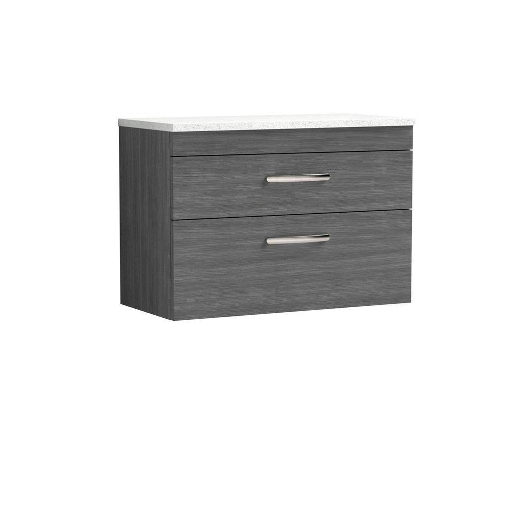 Sleek grey bathroom vanity unit with two spacious drawers and modern aluminium handles, topped with a white stone-effect countertop, ideal for contemporary bathroom storage solutions.