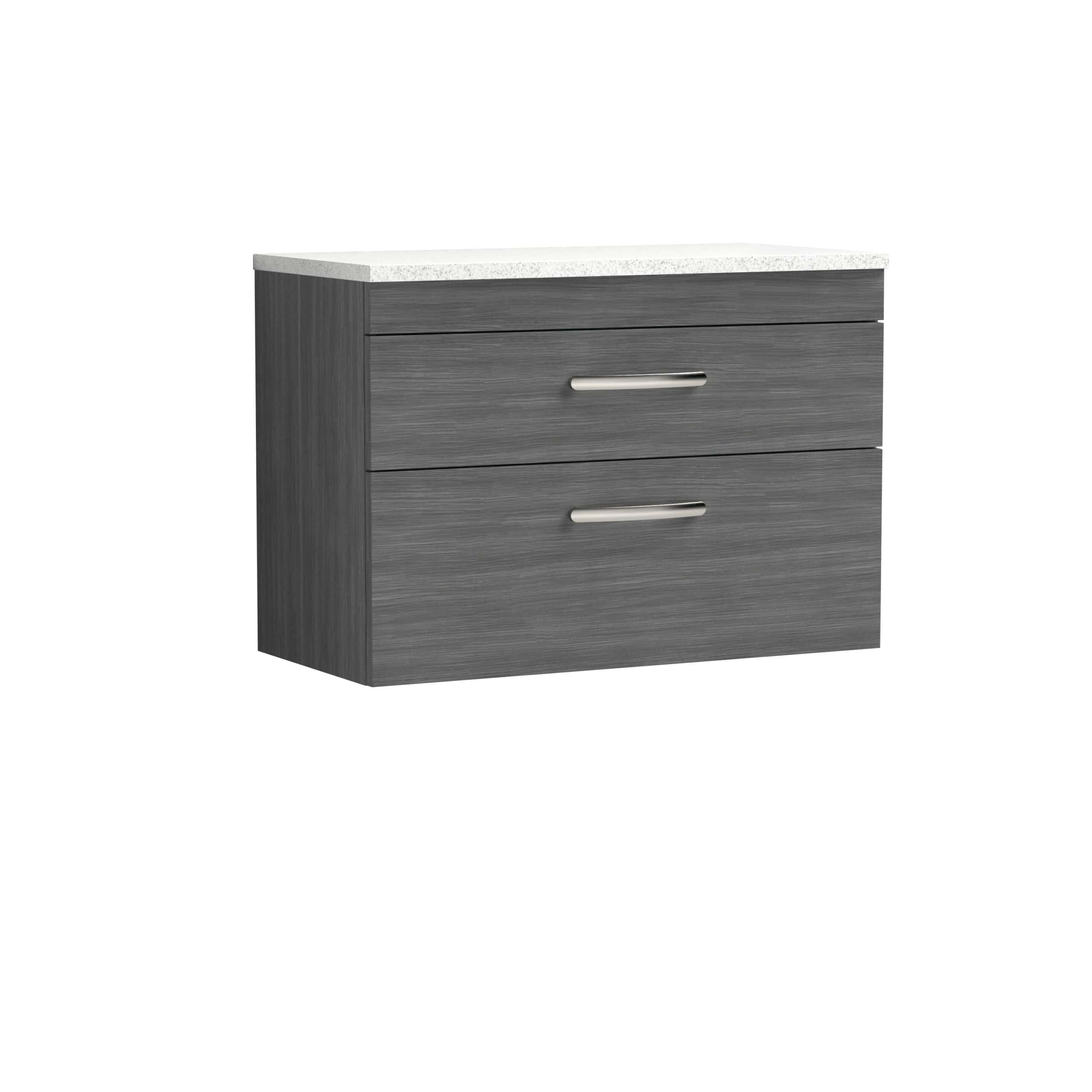Sleek grey bathroom vanity unit with two spacious drawers and modern aluminium handles, topped with a white stone-effect countertop, ideal for contemporary bathroom storage solutions.