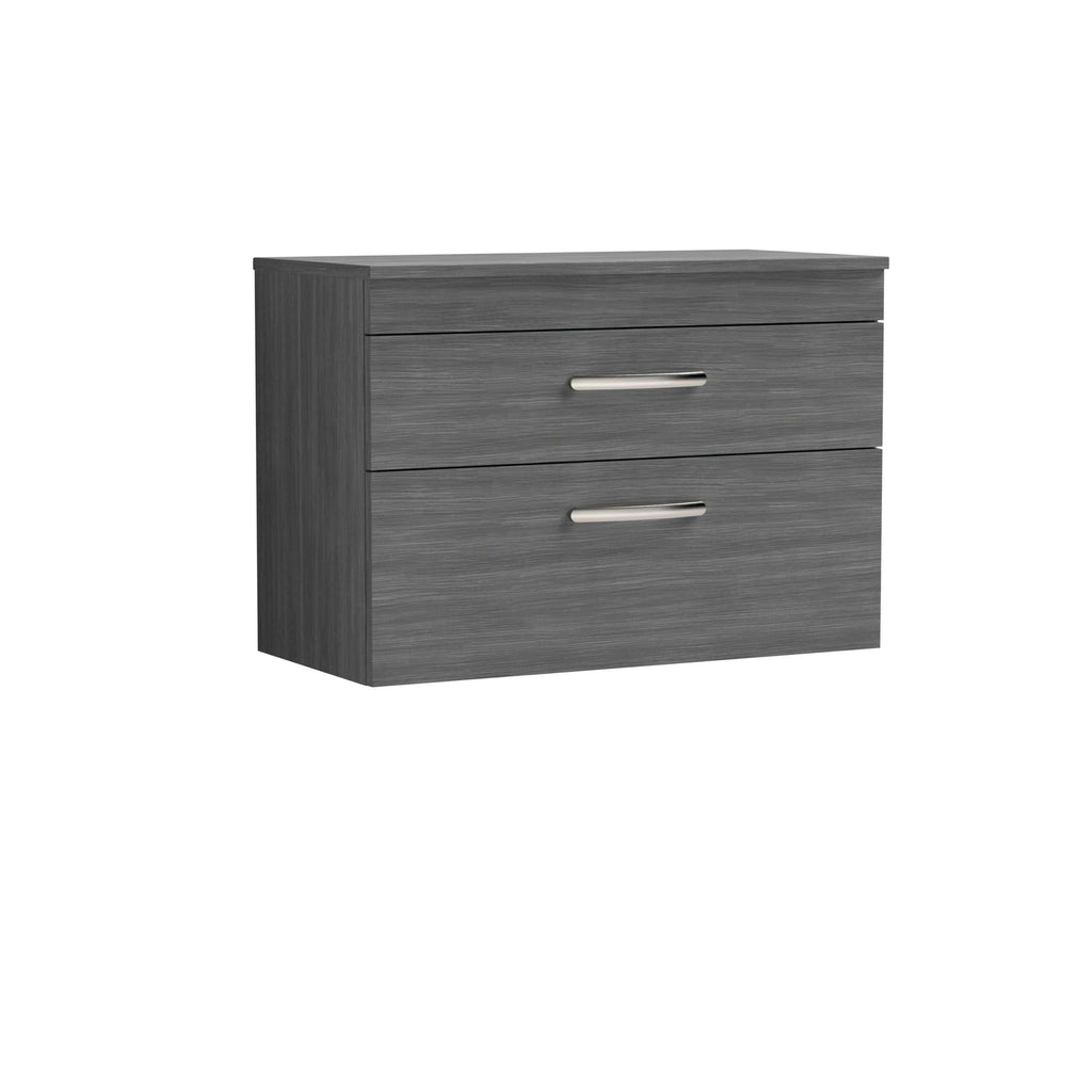 Stylish grey wooden bathroom vanity with two drawers featuring modern silver handles, ideal for bathroom storage and organisation, blends contemporary design with functionality.