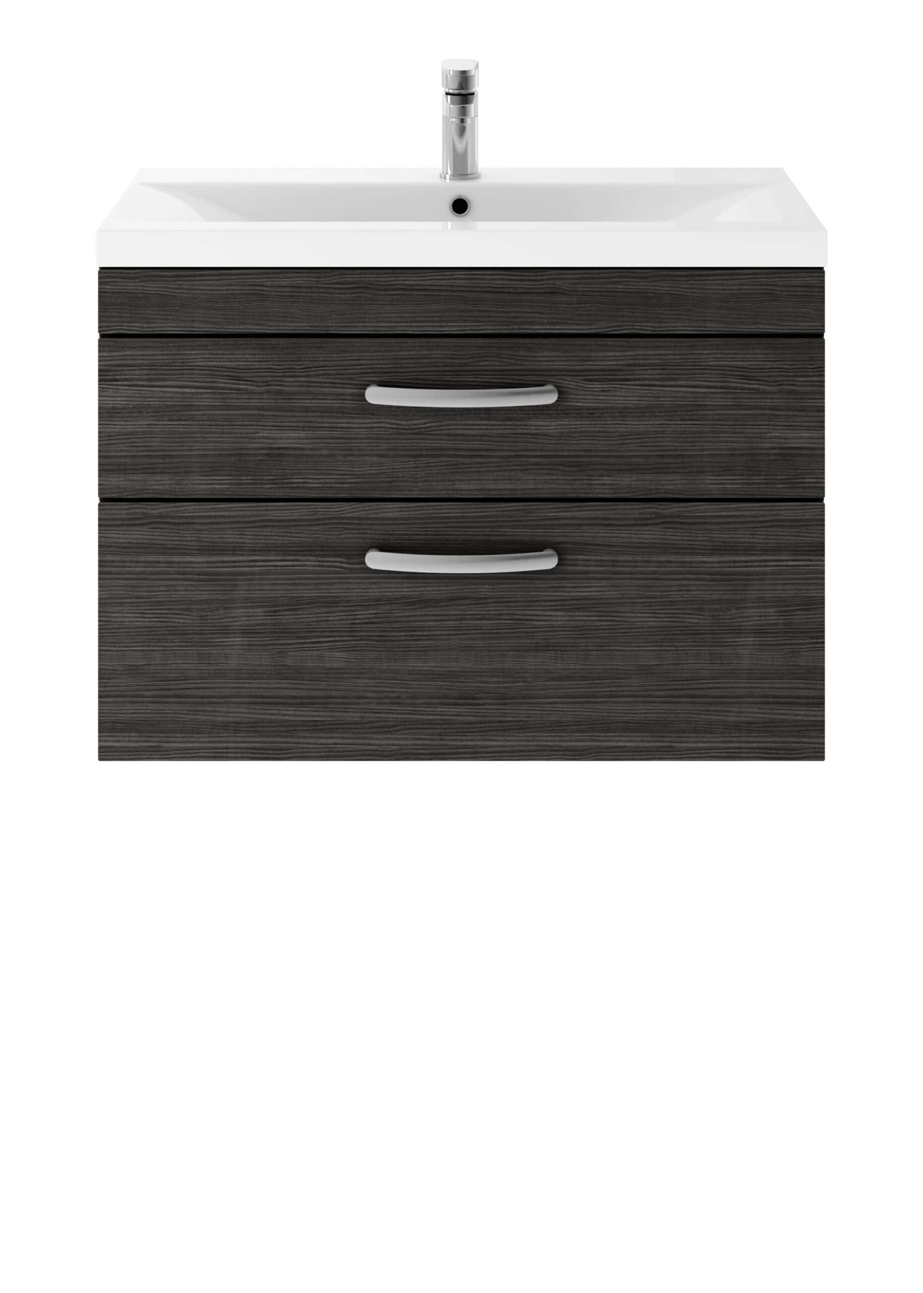 Wooden bathroom vanity unit with integrated sink and chrome tap, ideal for modern bathroom decor. Features two spacious drawers for convenient storage. Crafted from durable, textured wood-effect material.