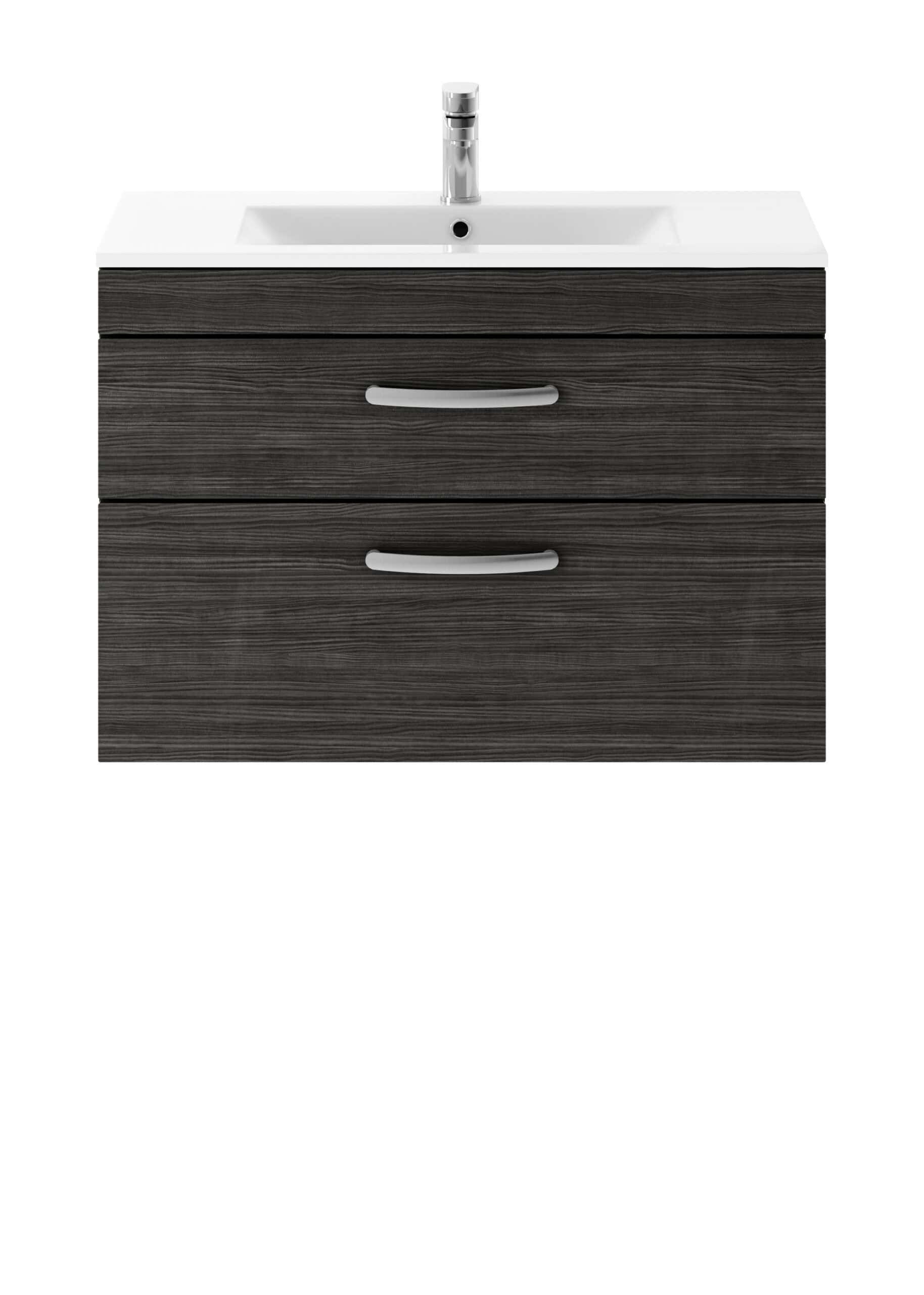 Shinny bathroom vanity unit with integrated basin and modern chrome tap, dark wood finish, for contemporary bathroom decor.