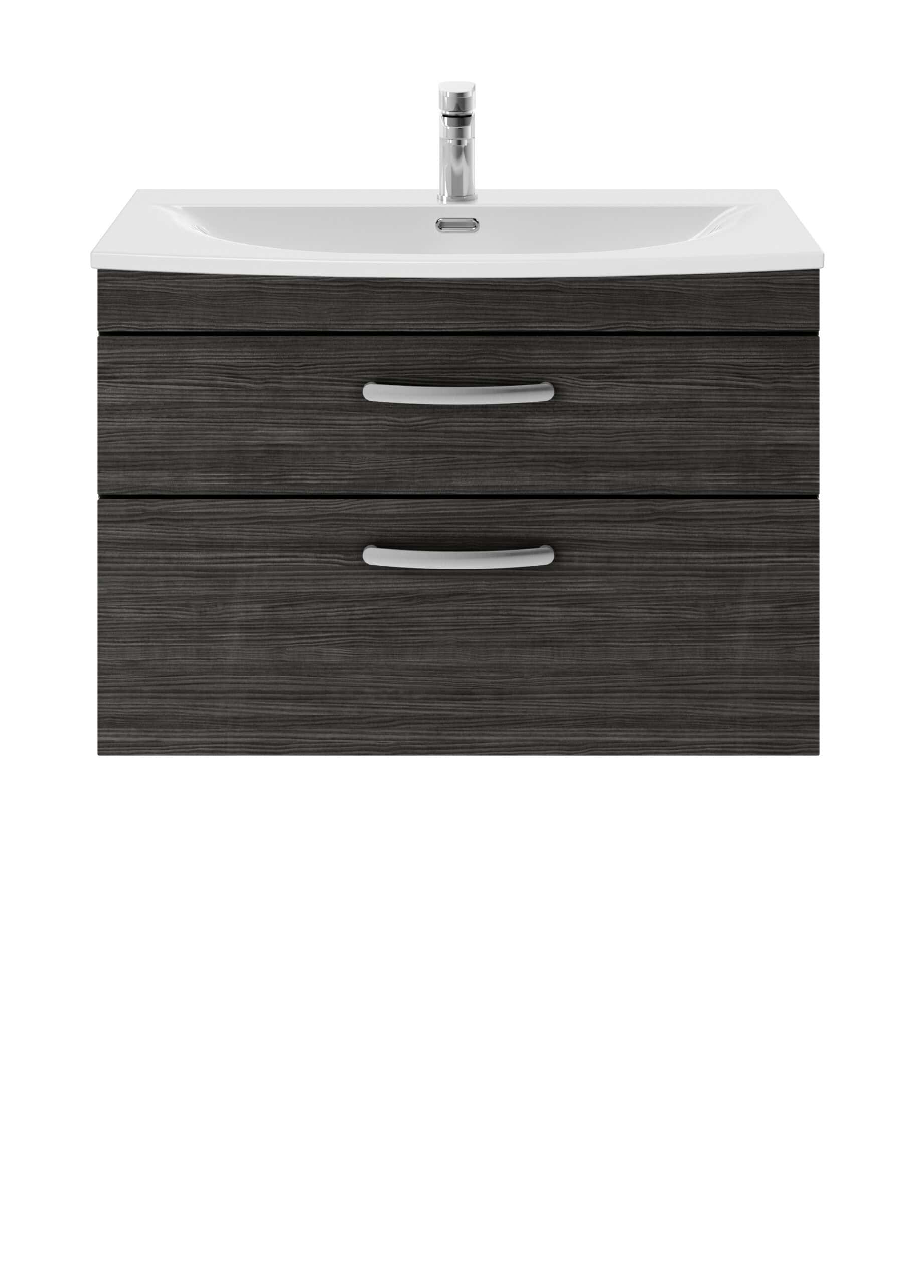 Dark wood bathroom vanity with integrated sink and chrome faucet, modern bathroom furniture.