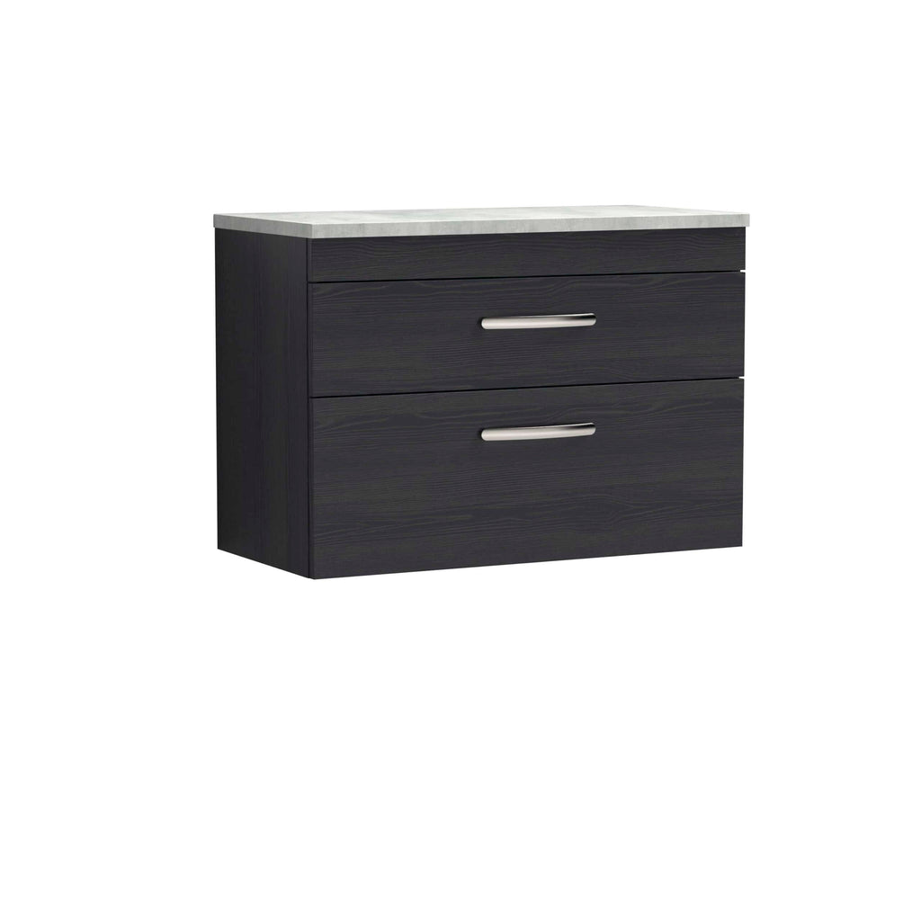 Modern black bathroom vanity with a white marble top, featuring two sleek drawers with metallic handles, ideal for contemporary bathroom storage solutions.