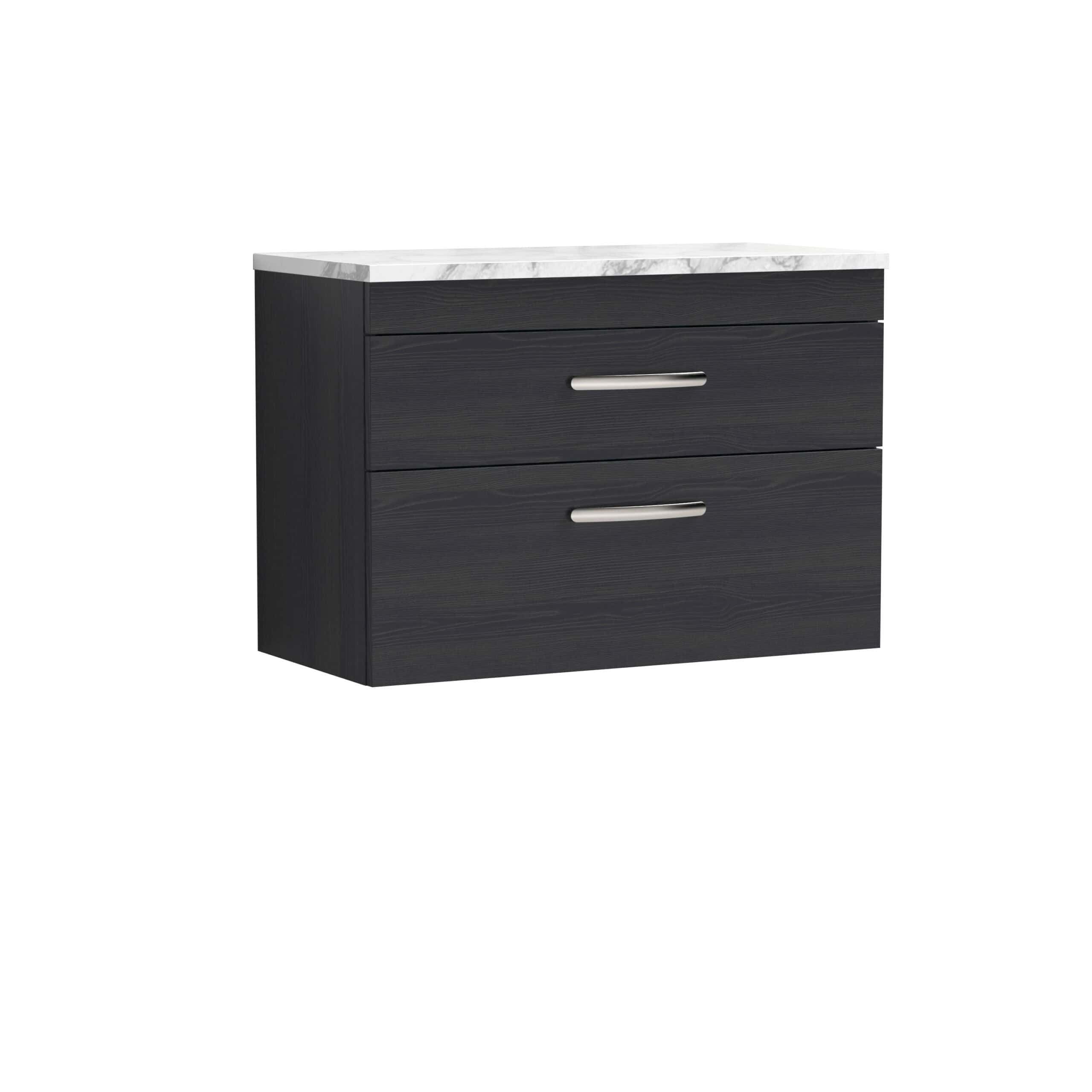 Sleek black bathroom vanity with a white marble countertop, featuring two spacious drawers with modern silver handles, ideal for bathroom storage and decor.