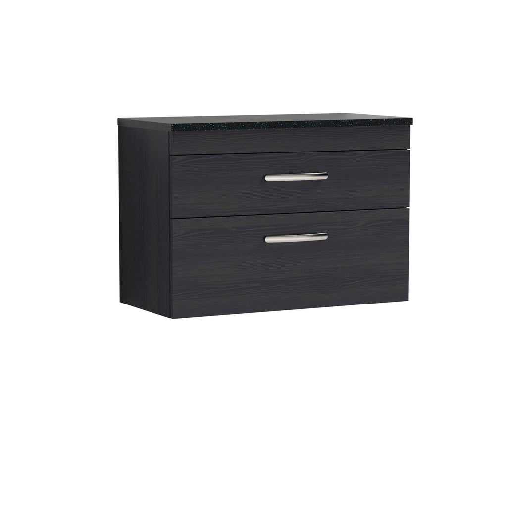 Dark wood bathroom vanity unit with a black speckled countertop and modern silver handles, ideal for contemporary bathrooms.