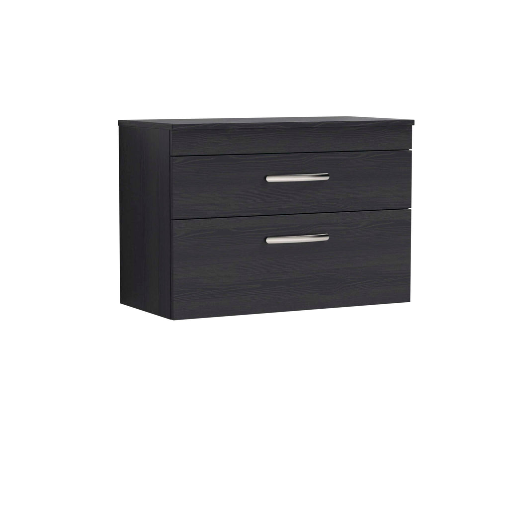 Dark wood bathroom vanity unit with two drawers and modern metal handles, ideal for contemporary bathrooms.