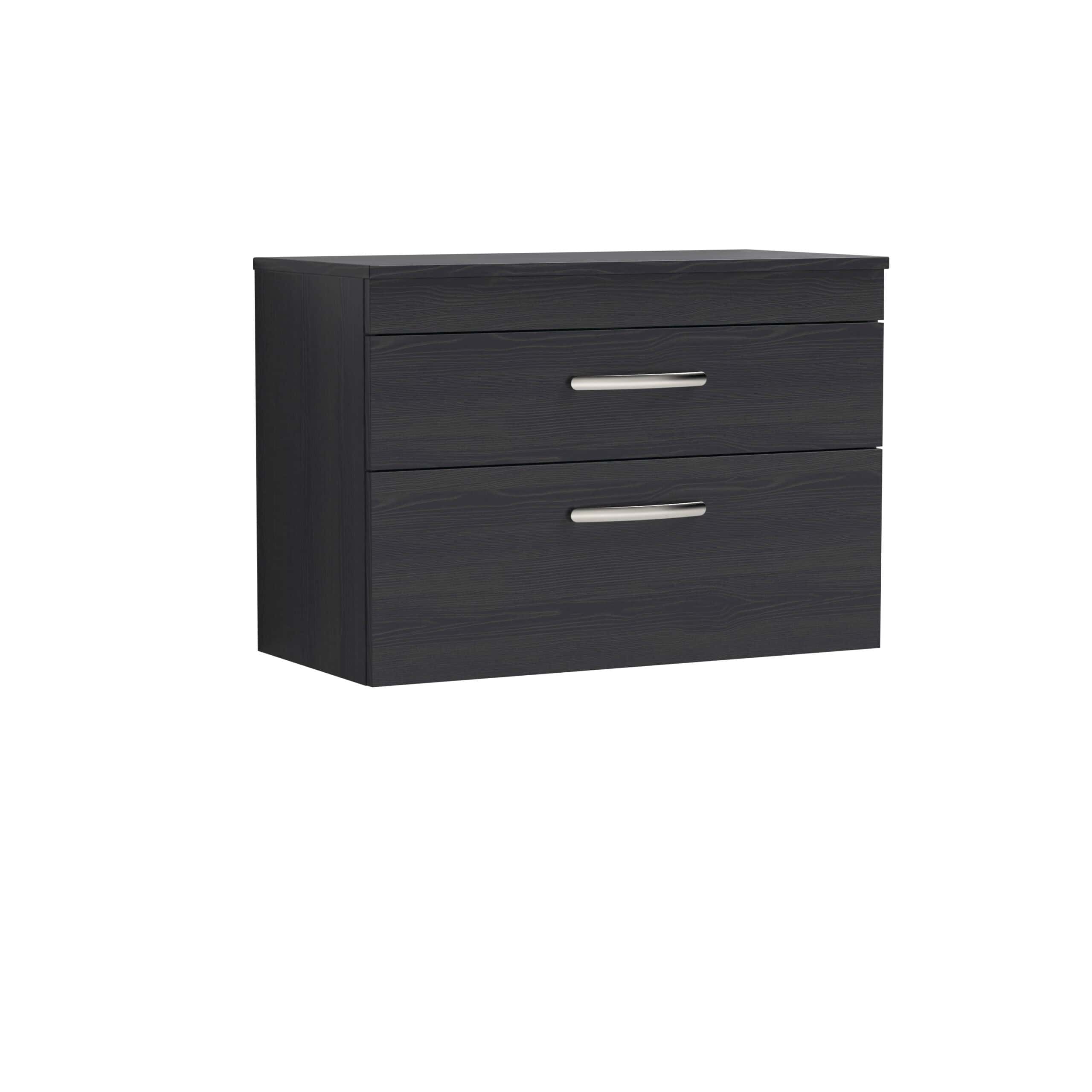Dark wood bathroom vanity unit with two drawers and modern metal handles, ideal for contemporary bathrooms.