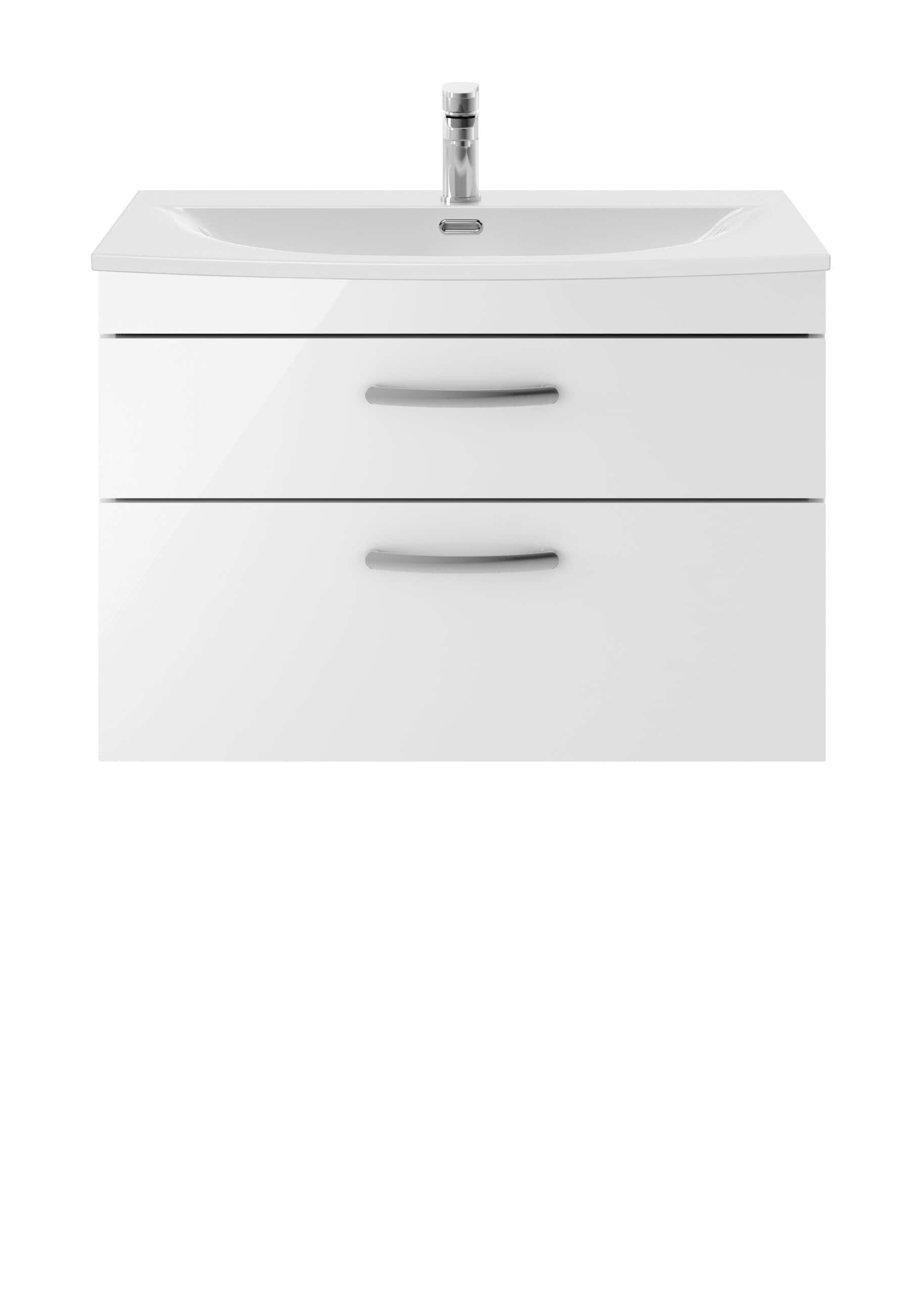 White bathroom vanity with integrated sink and storage drawers, ideal for modern bathroom organisation. Features sleek handles and contemporary design, perfect for a stylish bathroom upgrade.
