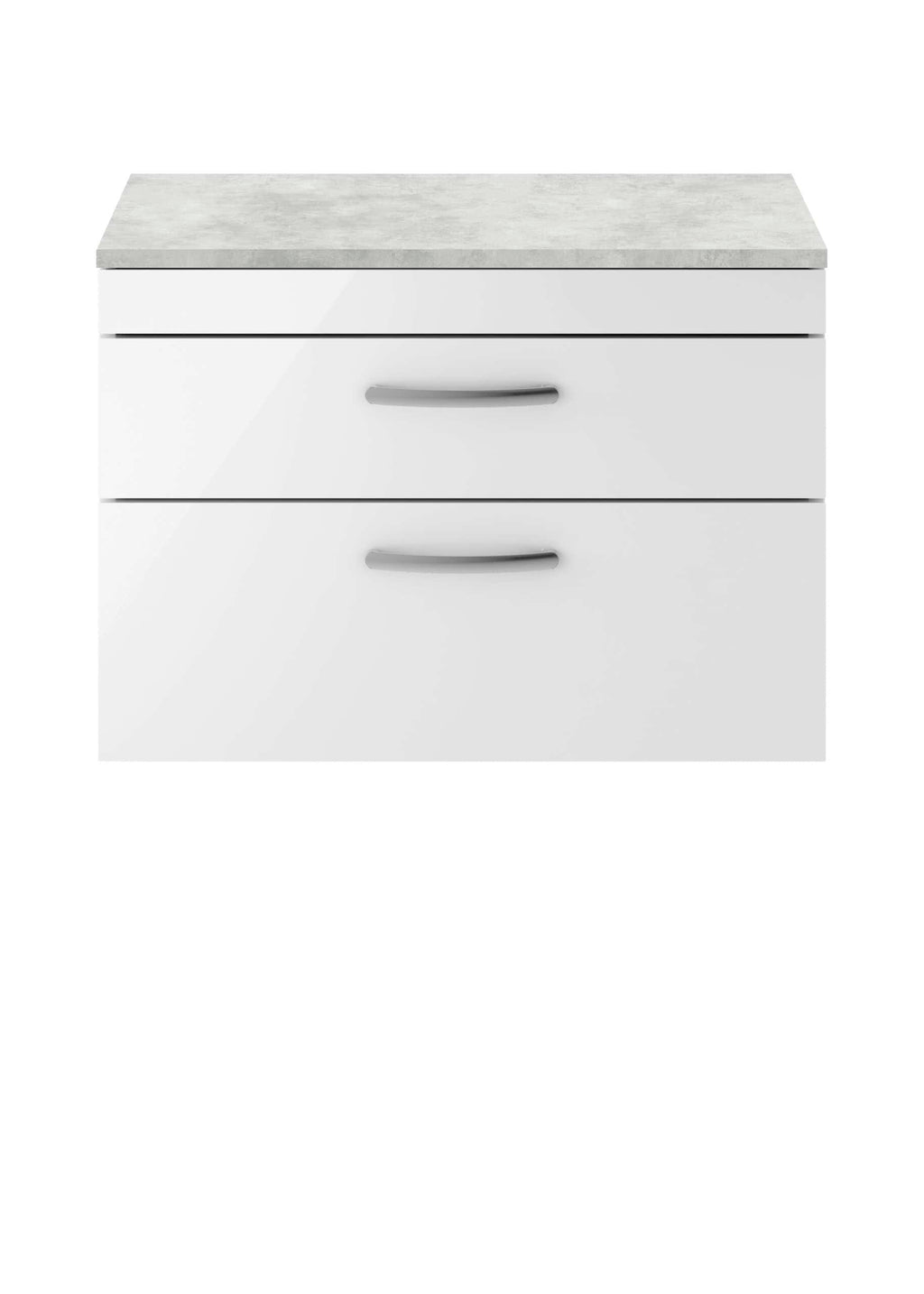 White bathroom vanity unit with two drawers and a marble-effect countertop for modern bathroom storage.