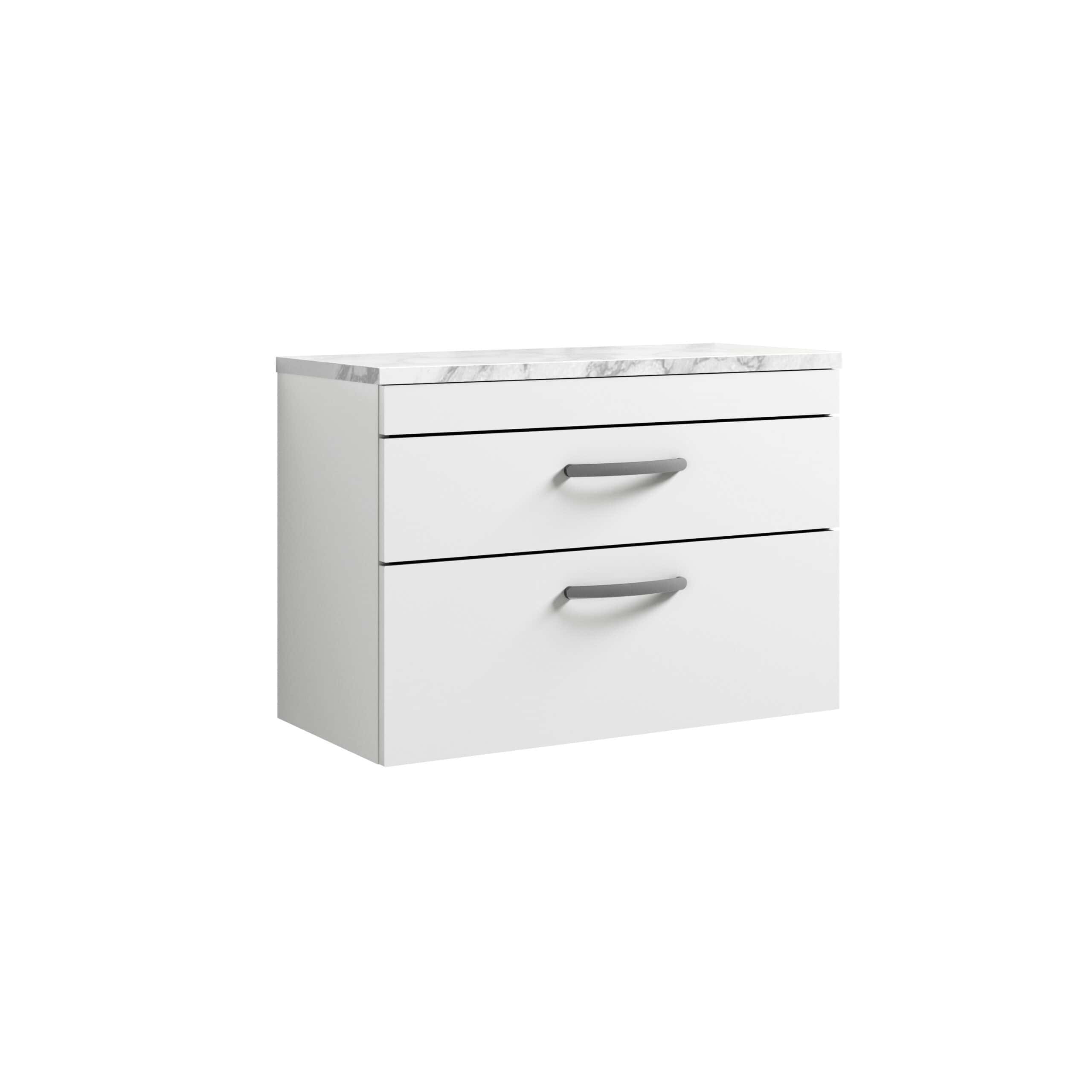 Sleek white bathroom vanity unit with marble-effect top and modern grey handles, ideal for contemporary bathroom storage solutions.