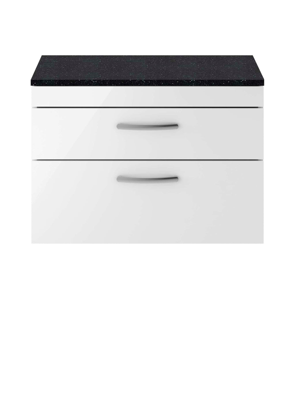 Stainless steel bathroom cabinet with black granite countertop, modern design, sleek handles, ideal for contemporary bathroom storage.