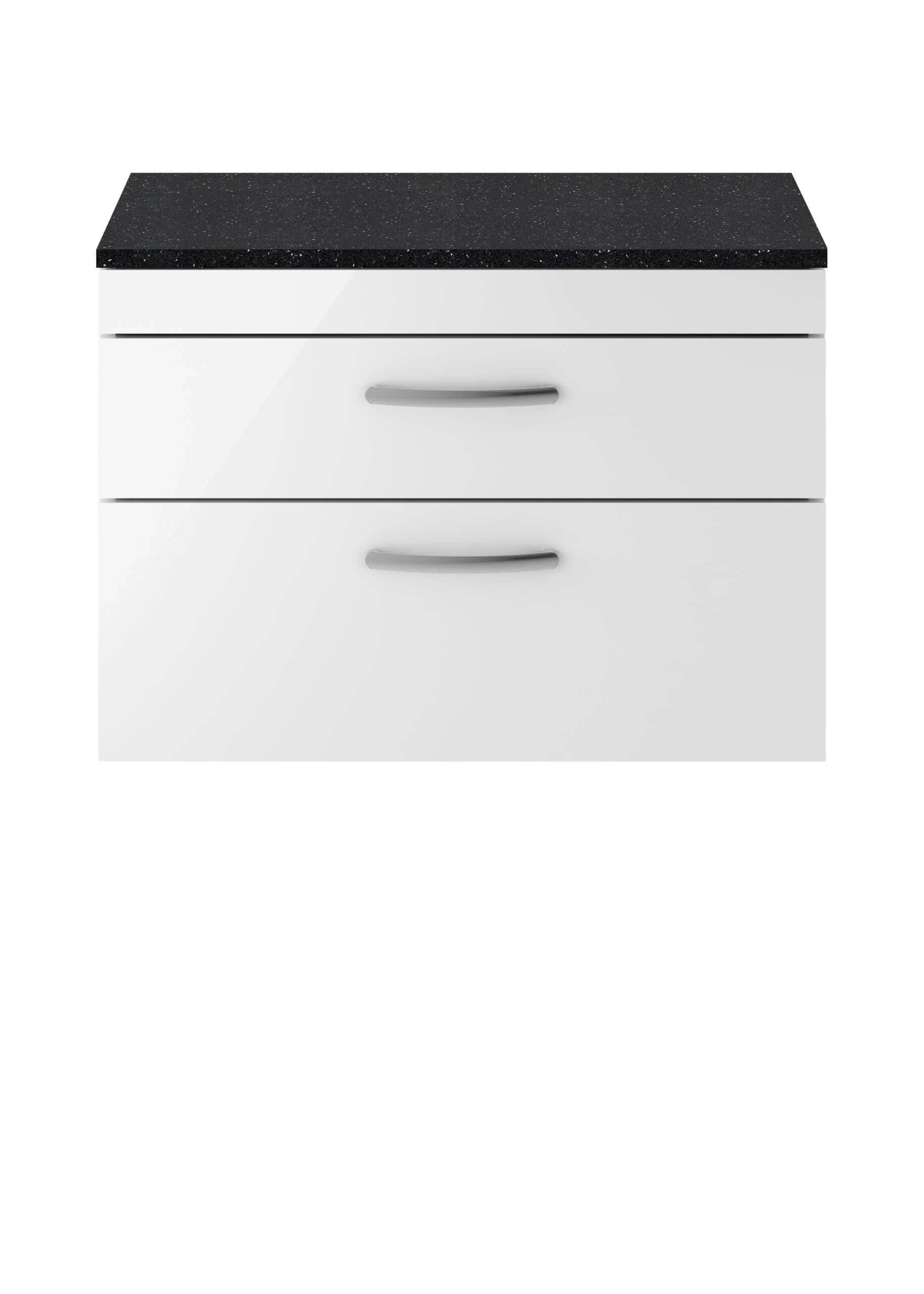 Stainless steel bathroom cabinet with black granite countertop, modern design, sleek handles, ideal for contemporary bathroom storage.