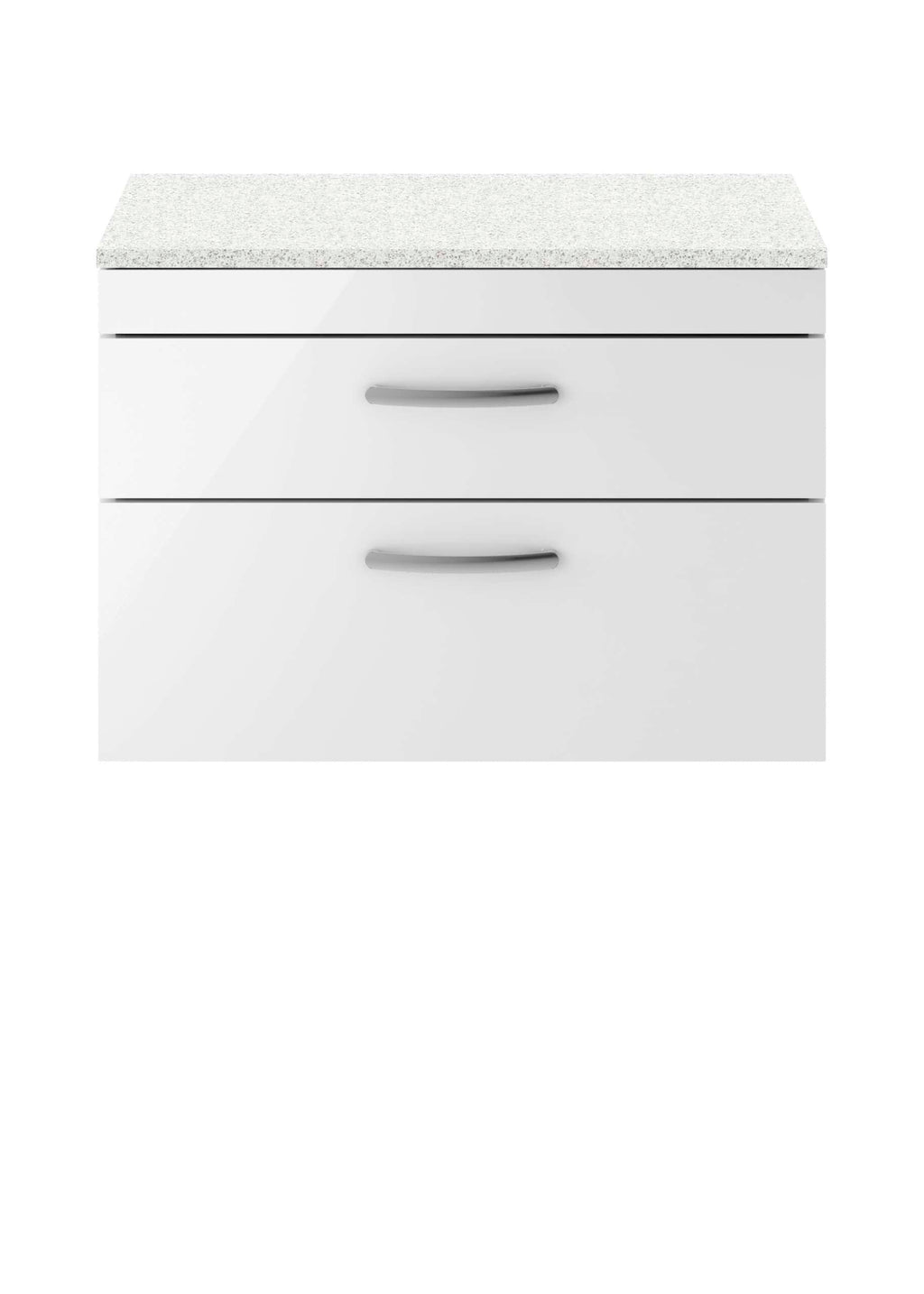 White bathroom vanity with two drawers and a speckled grey countertop for modern bathroom storage solutions.