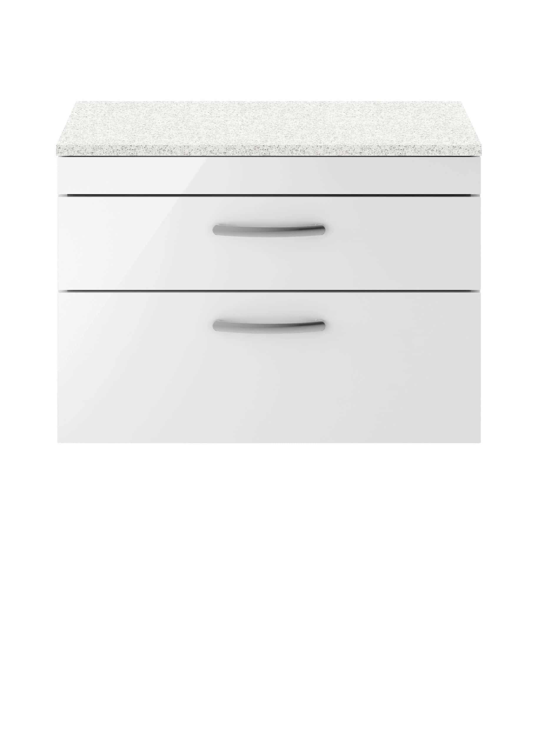 White bathroom vanity with two drawers and a speckled grey countertop for modern bathroom storage solutions.