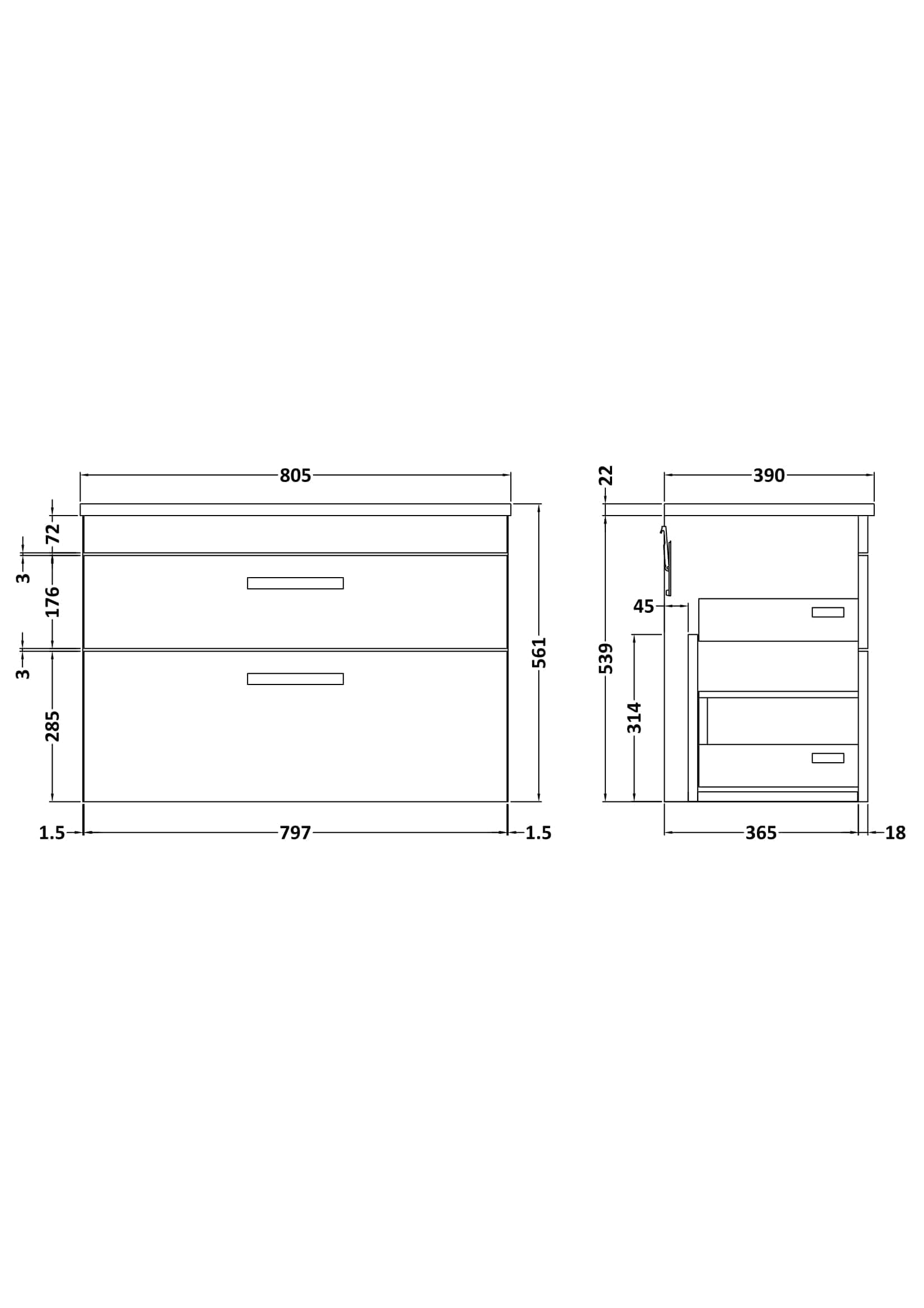 Modern bathroom vanity unit with clean lines, ample storage drawers, and precise dimensions, perfect for contemporary Bubly bathrooms and upgrading your bathroom storage solutions.