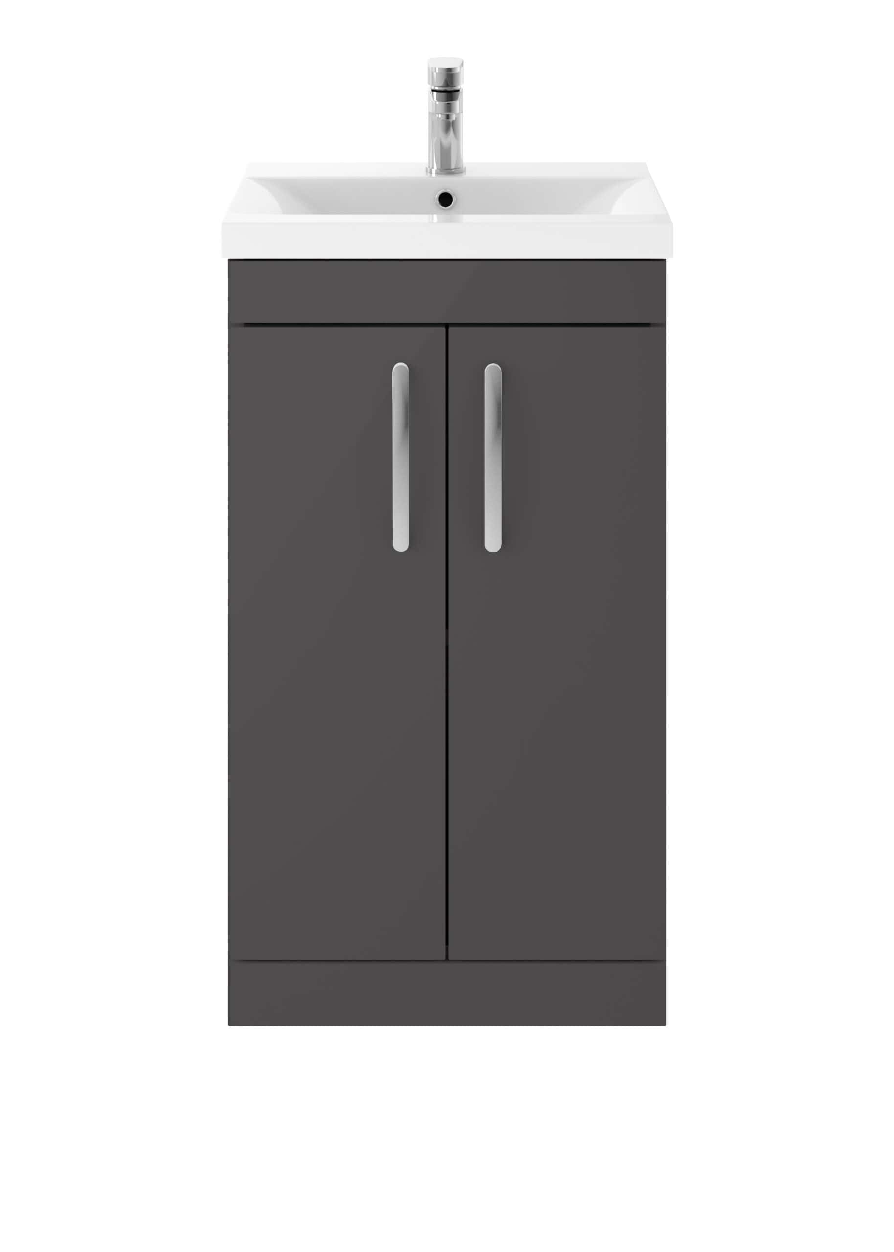 Modern grey bathroom vanity unit with a white ceramic sink and chrome tap. Perfect for contemporary bathroom storage and design, combining functionality with stylish minimalism. Suitable for residential bathrooms.