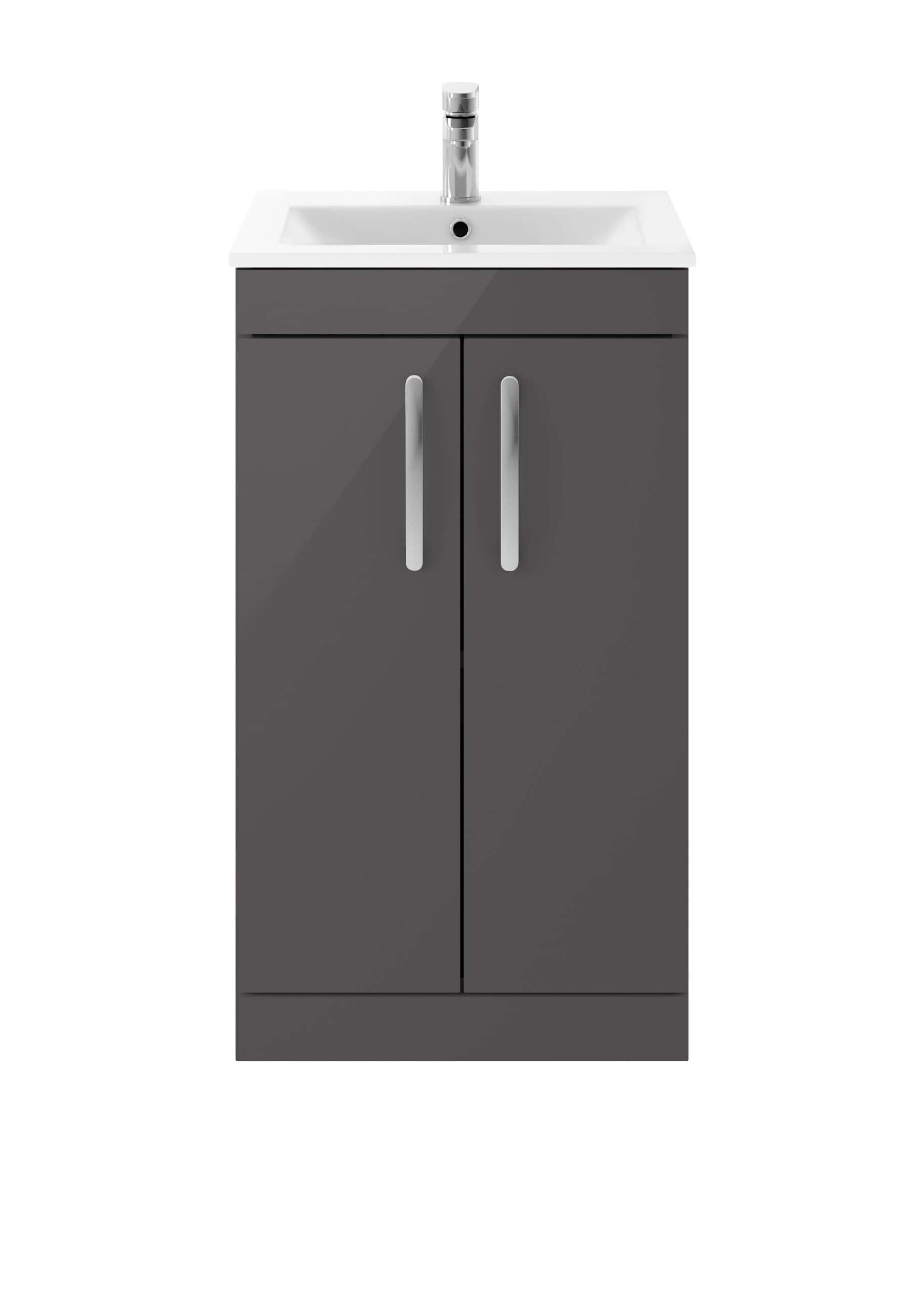 Modern grey bathroom vanity with integrated sink and chrome faucet, ideal for contemporary bathroom designs. Perfect for space-saving storage solutions in bathroom renovations.