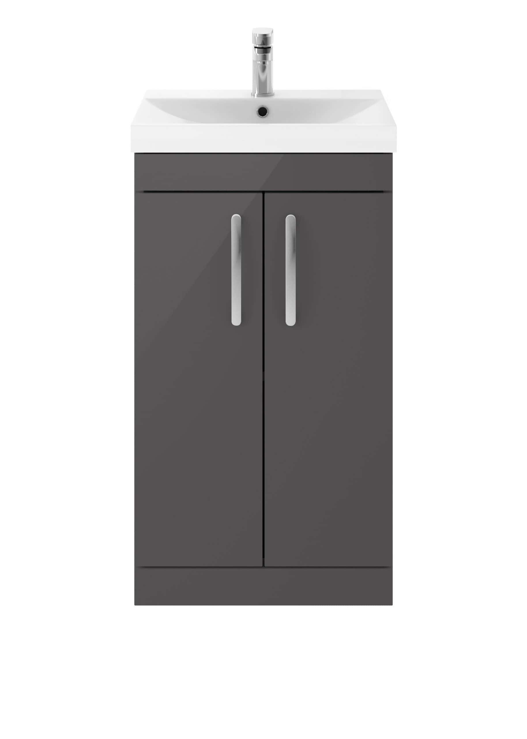 Modern bathroom vanity with grey cabinetry and a white sink in a contemporary bathroom setting. Perfect for stylish and functional bathroom storage.