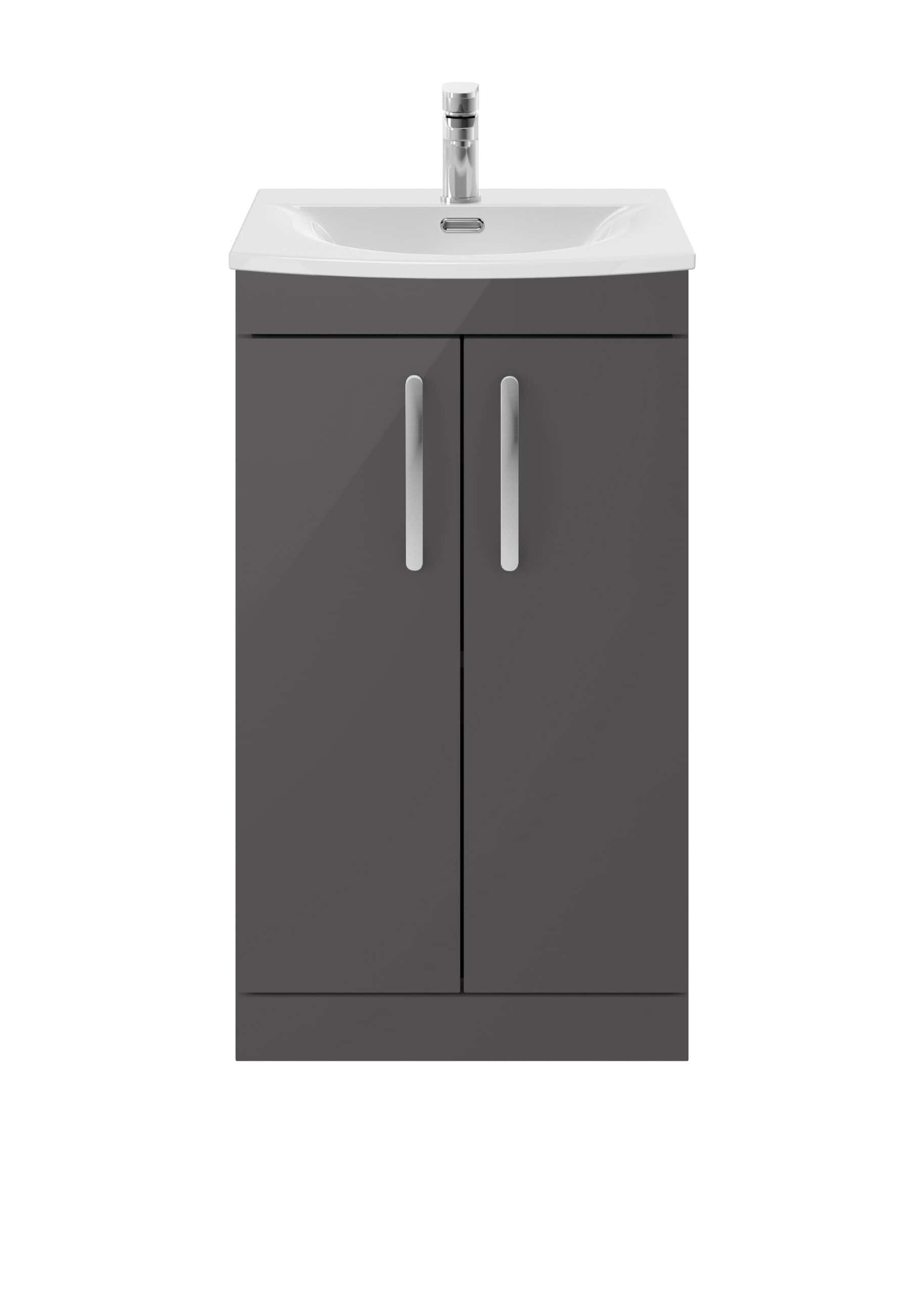 Sleek bathroom vanity with a compact sink and grey storage cabinet, ideal for modern bathroom design. Features durable materials, easy-to-clean surfaces, and stylish chrome handles. Perfect for bathroom organisation.