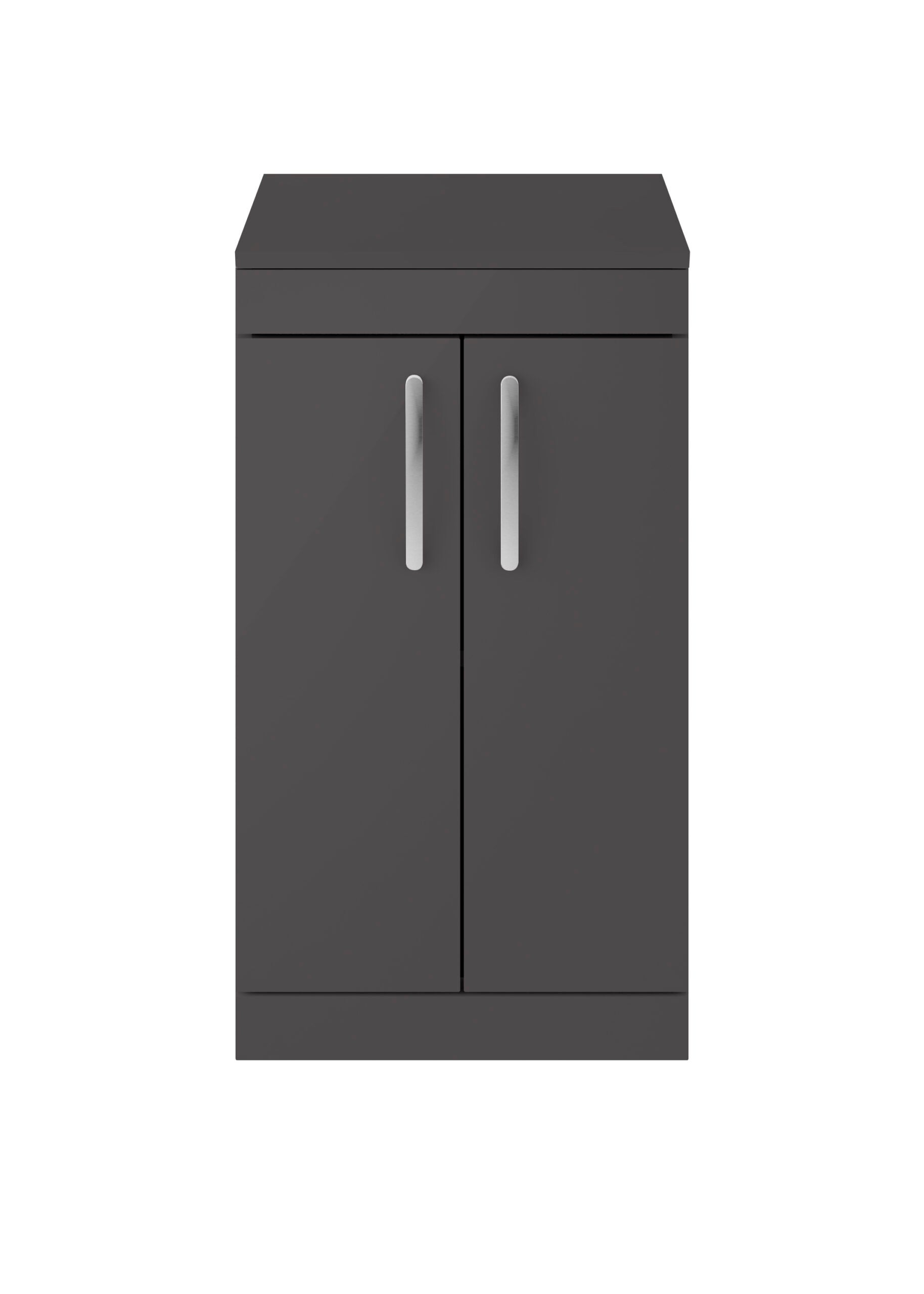 Sleek grey bathroom storage cabinet with double doors and modern silver handles, ideal for organised bathroom interiors and fittings.
