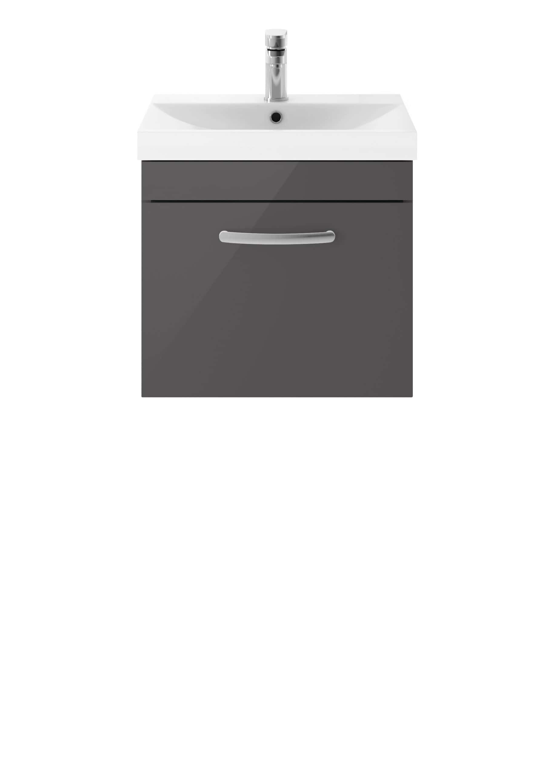 Chromed bathroom sink vanity unit with white ceramic basin and grey cabinet for modern bathroom decor.