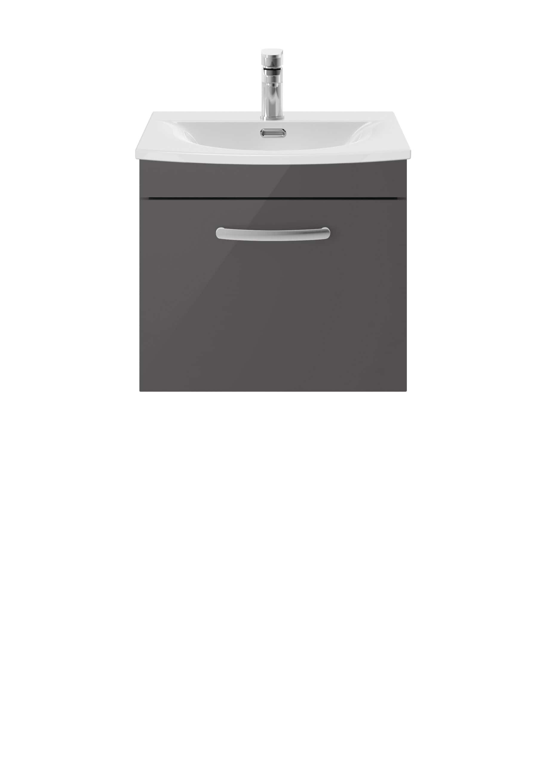White bathroom vanity unit with sink and chrome tap, ideal for modern bathroom furniture sets. Durable grey cabinet with handle, perfect for bathroom storage and organisation.