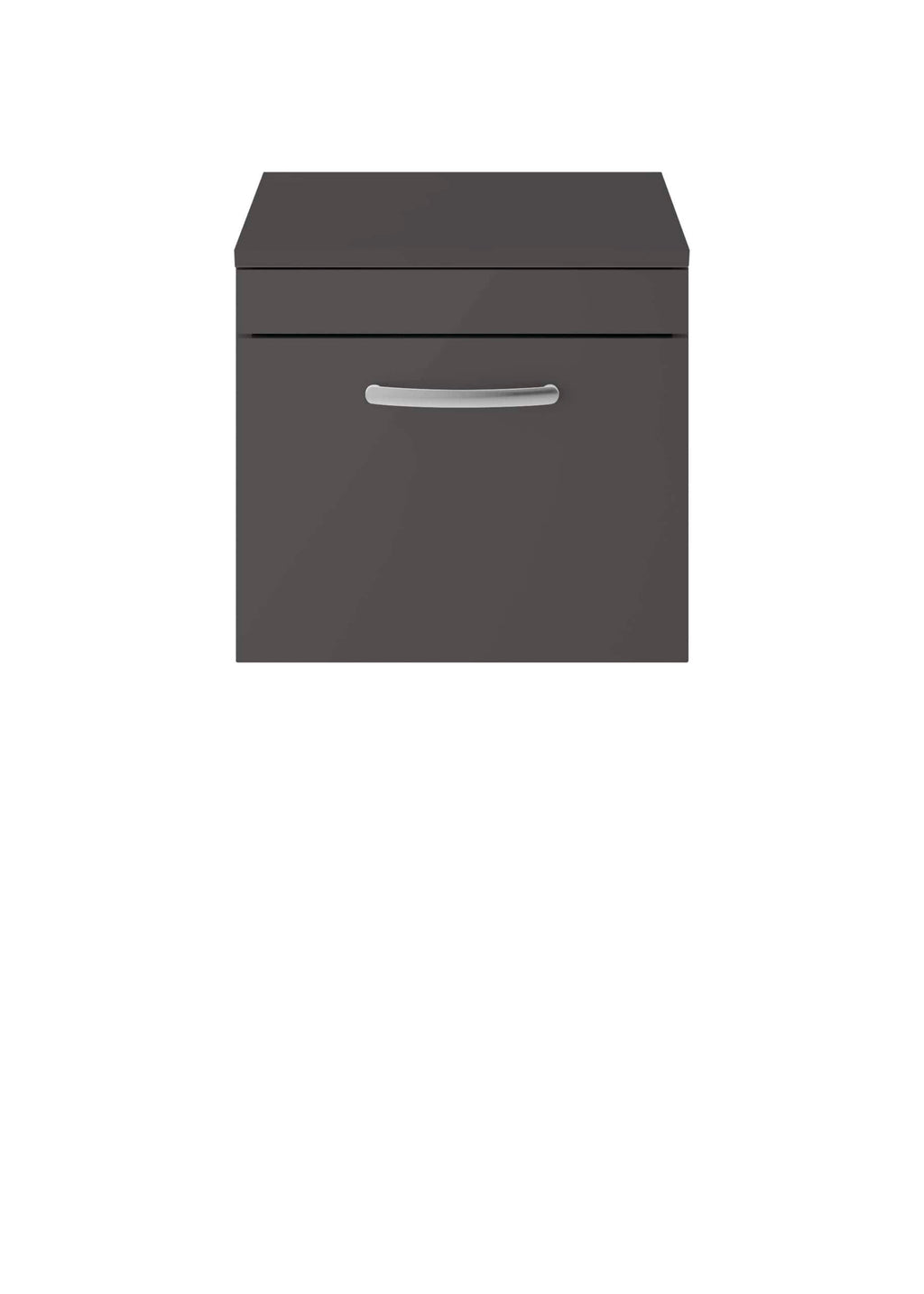 Dark grey bathroom cabinet with sleek silver handle, designed for modern bathroom storage solutions. Suitable for organising toiletries, towels, and bathroom essentials in style.