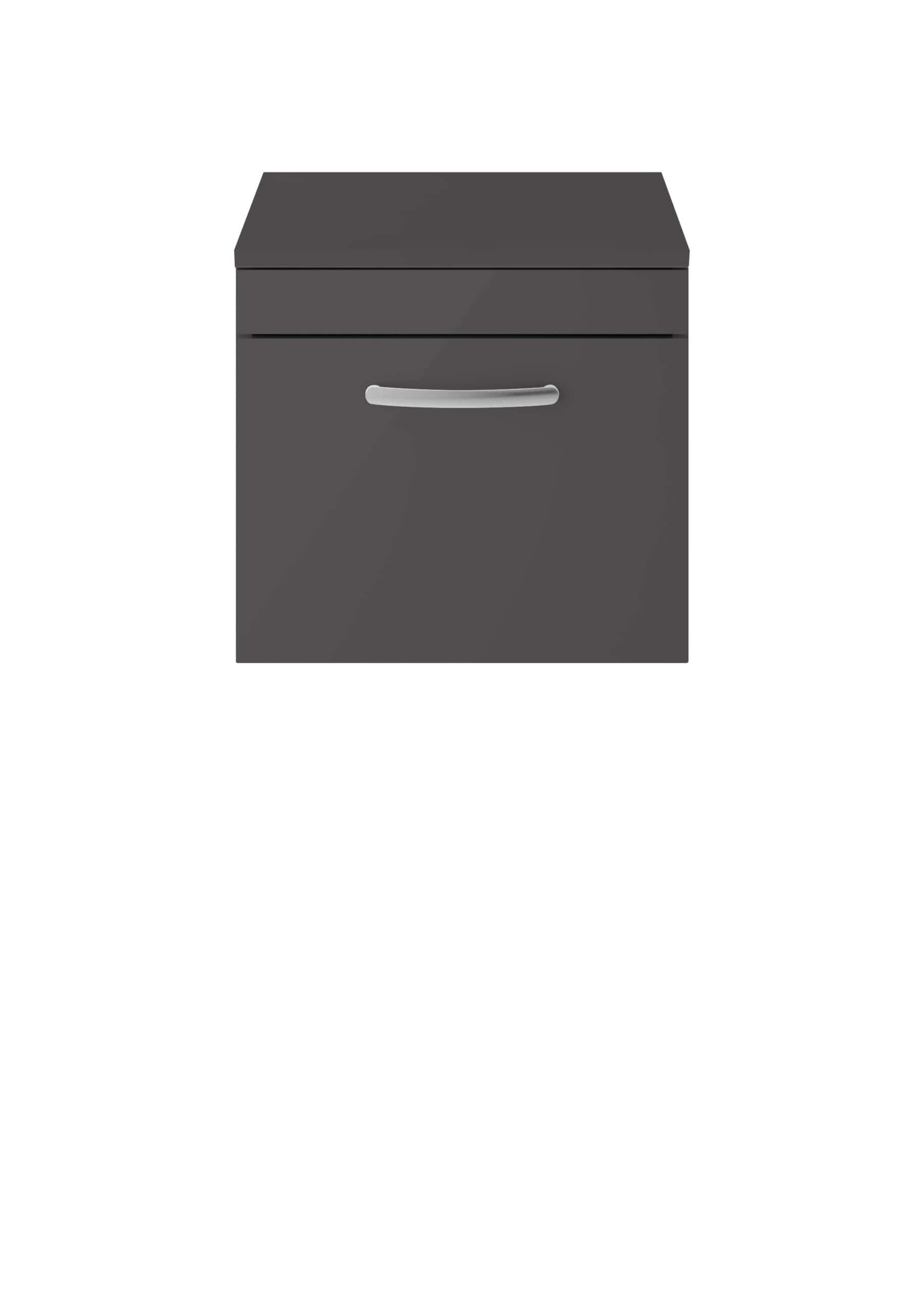 Dark grey bathroom cabinet with sleek silver handle, designed for modern bathroom storage solutions. Suitable for organising toiletries, towels, and bathroom essentials in style.