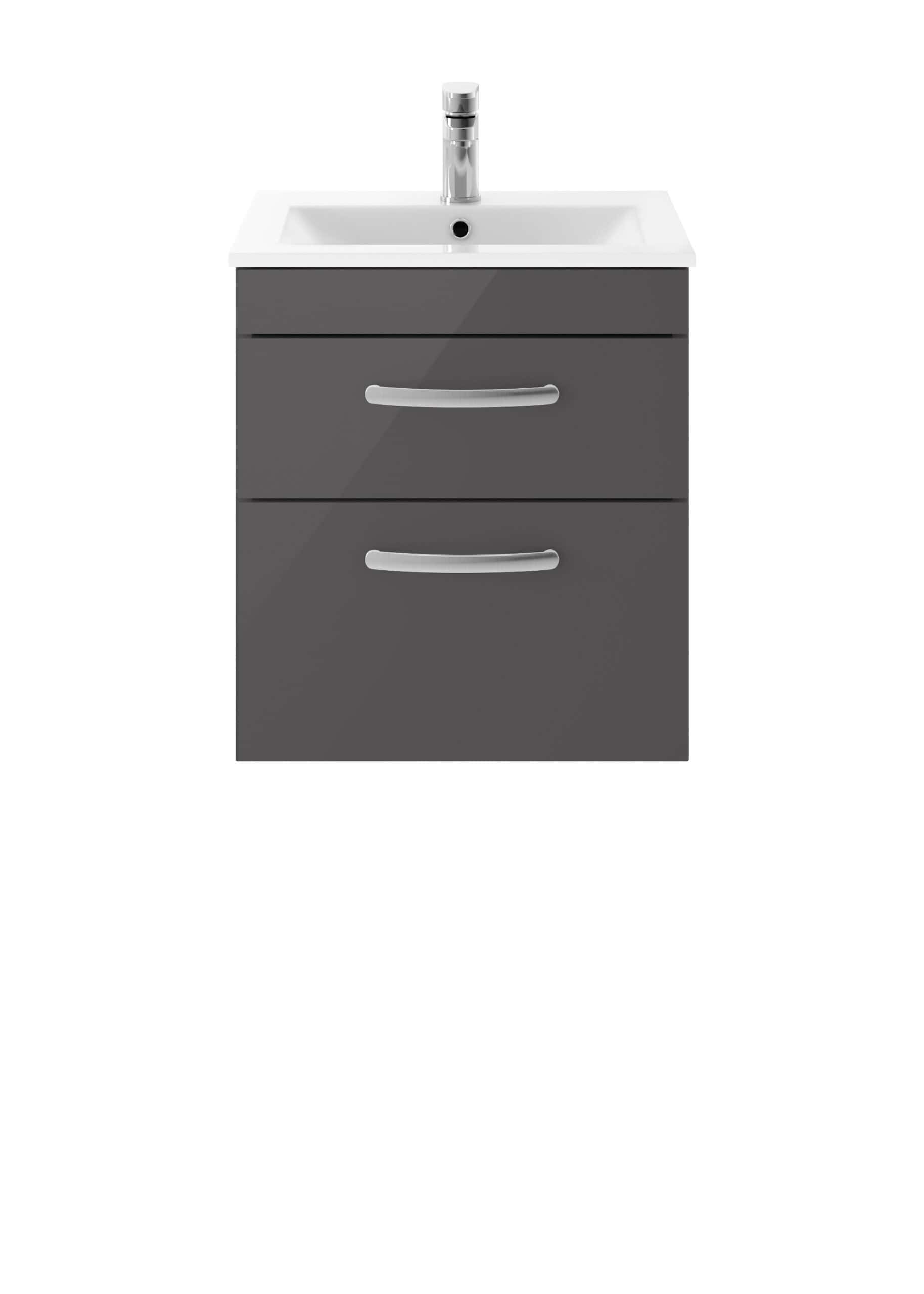 Grey bathroom vanity unit with integrated sink and chrome handles, ideal for modern bathroom design, providing storage with two drawers.