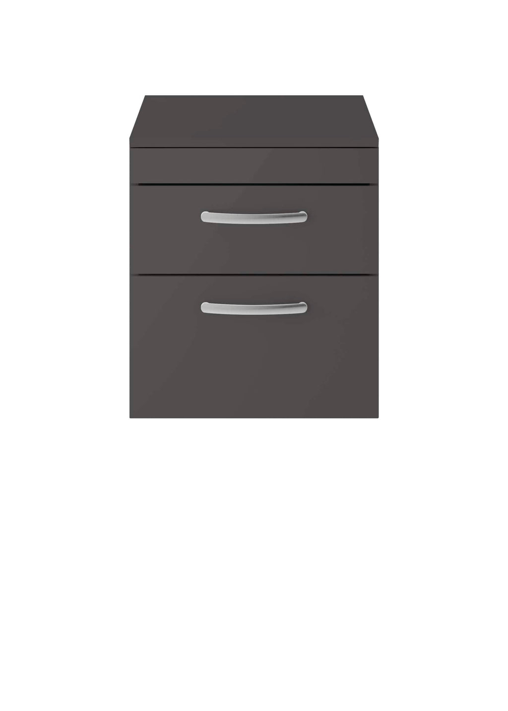 Chrome grey bathroom storage cabinet with two drawers and sleek silver handles - ideal for modern bathroom organisation.