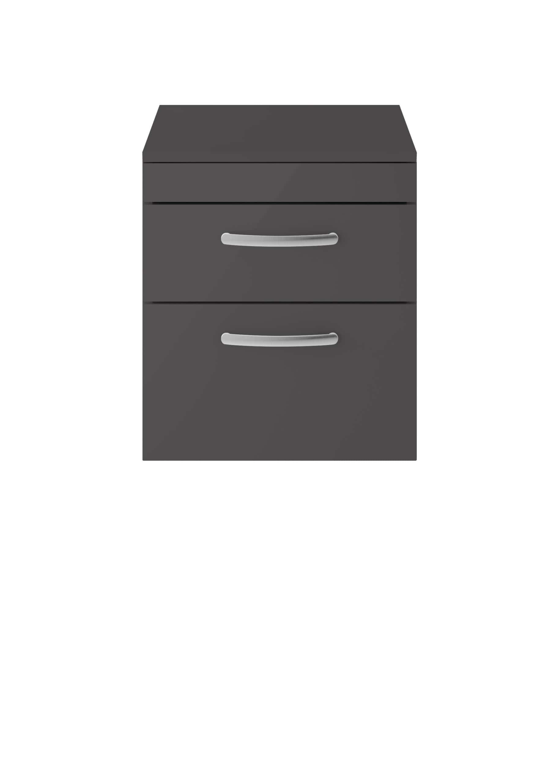 Chrome grey bathroom storage cabinet with two drawers and sleek silver handles - ideal for modern bathroom organisation.