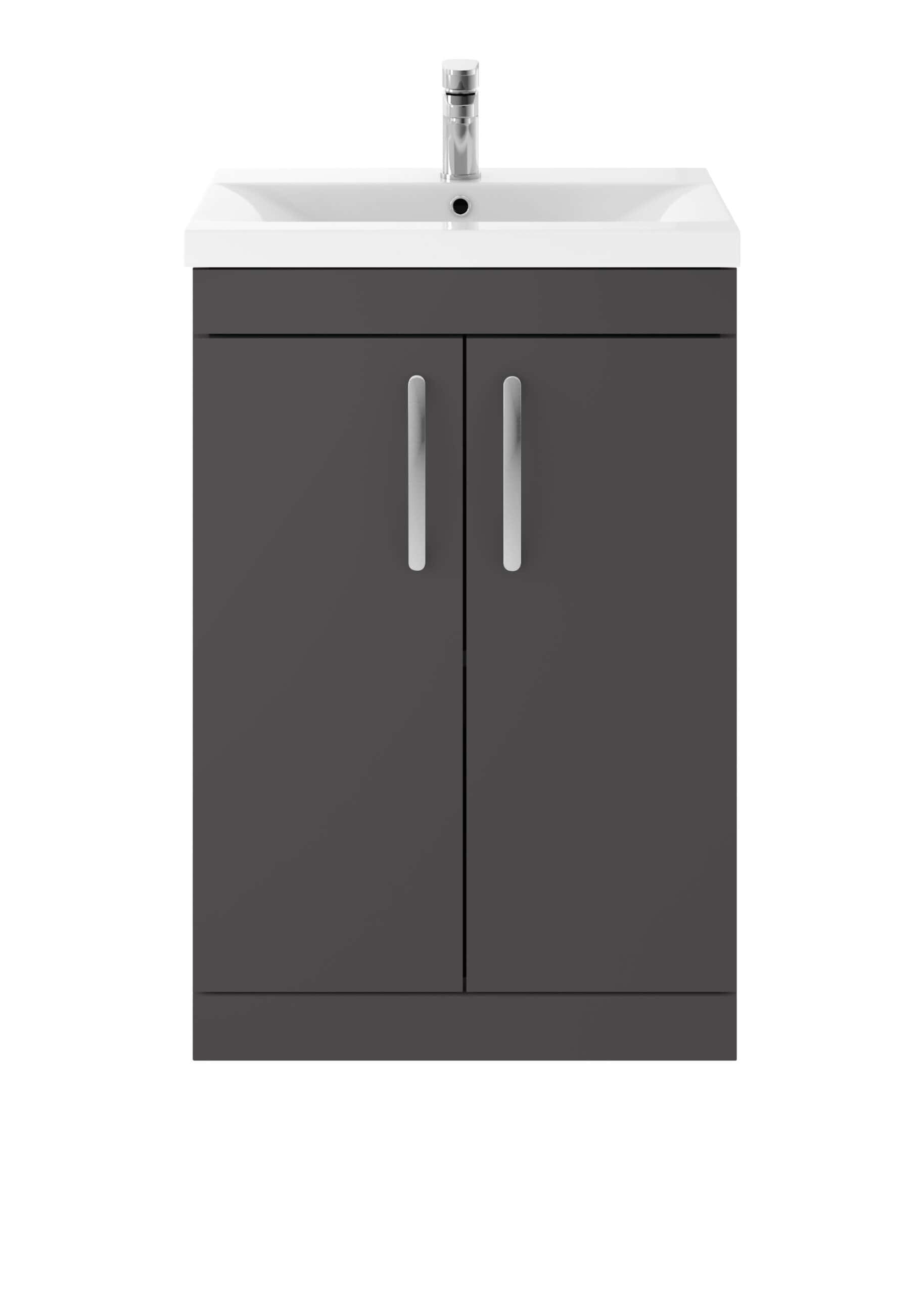 Shower sink vanity unit with grey cabinet and white ceramic sink, modern bathroom furniture.