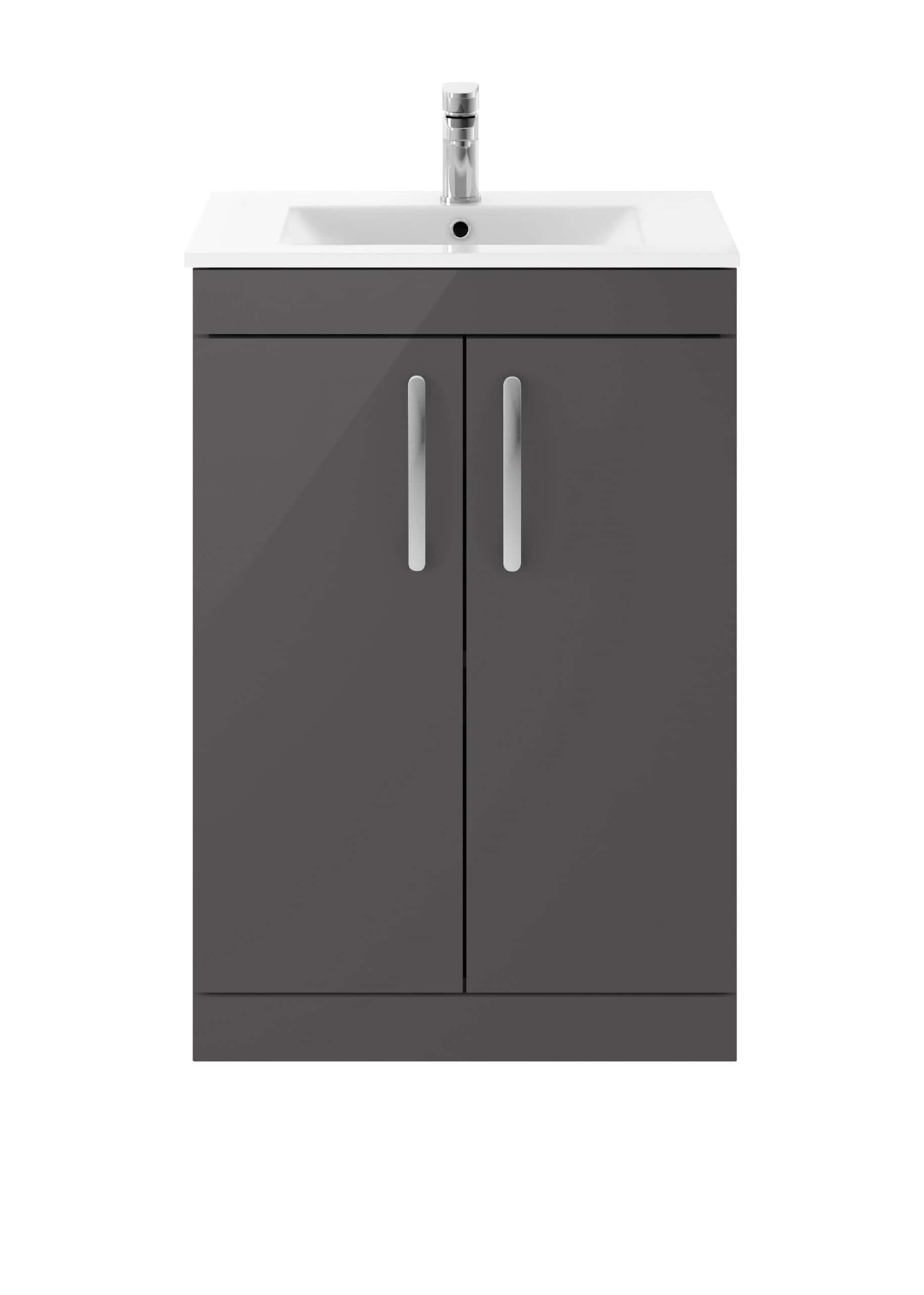 Modern grey bathroom vanity unit with a white ceramic sink and chrome tap, ideal for stylish bathroom storage and fixtures. Perfect for contemporary bathroom design.
