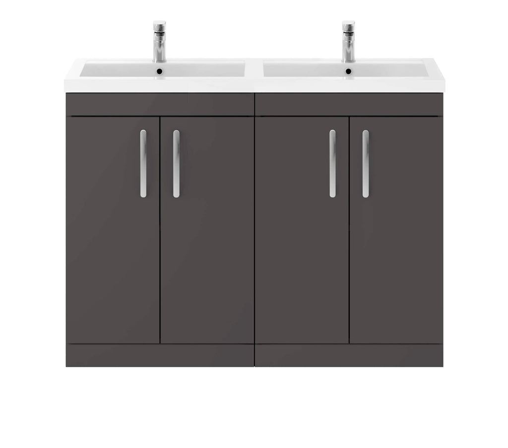Contemporary grey bathroom vanity unit with dual sinks and sleek chrome handles, ideal for modern en-suite or family bathrooms. Durable construction with ample storage space for bathroom essentials.
