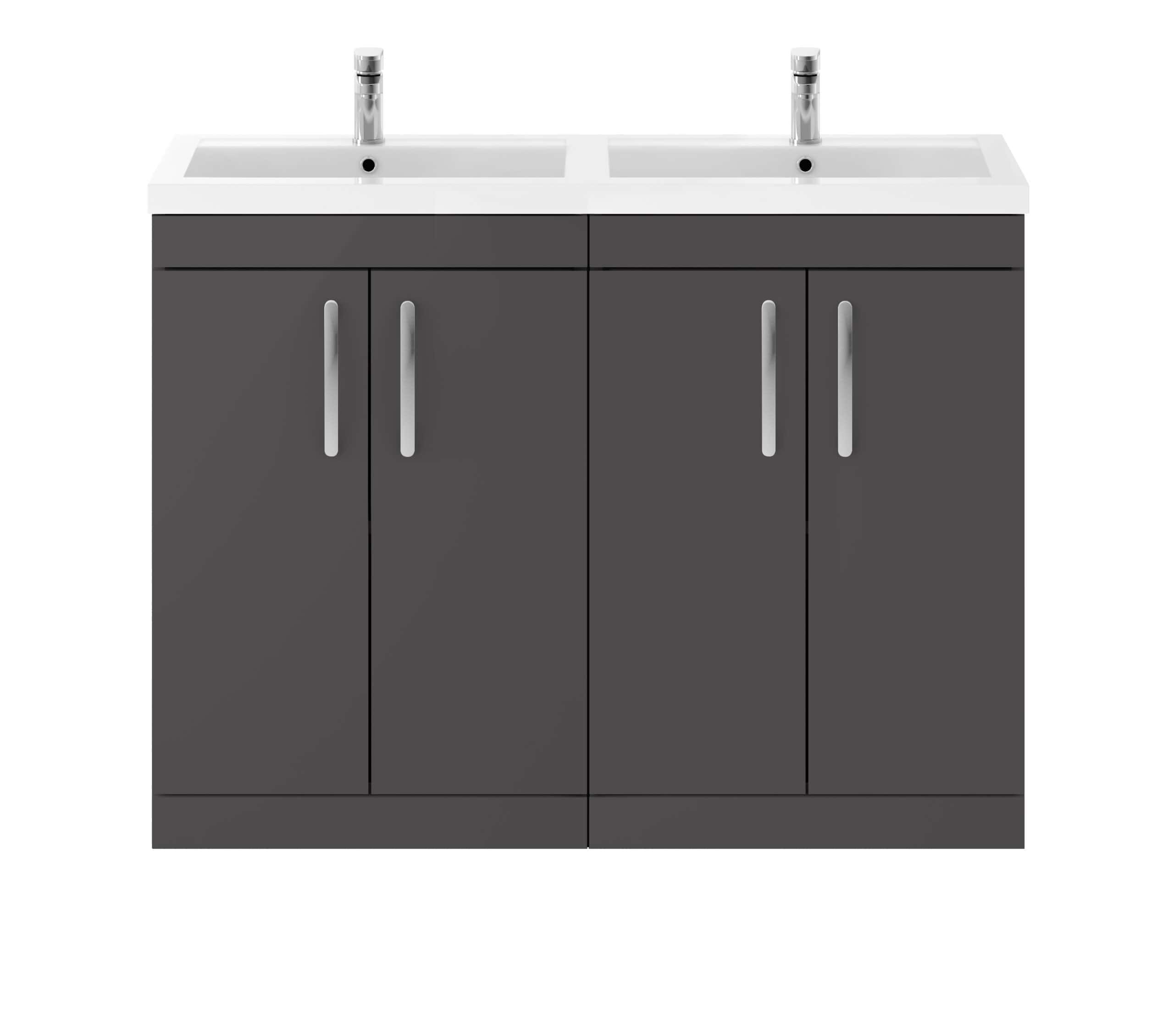 Contemporary grey bathroom vanity unit with dual sinks and sleek chrome handles, ideal for modern en-suite or family bathrooms. Durable construction with ample storage space for bathroom essentials.