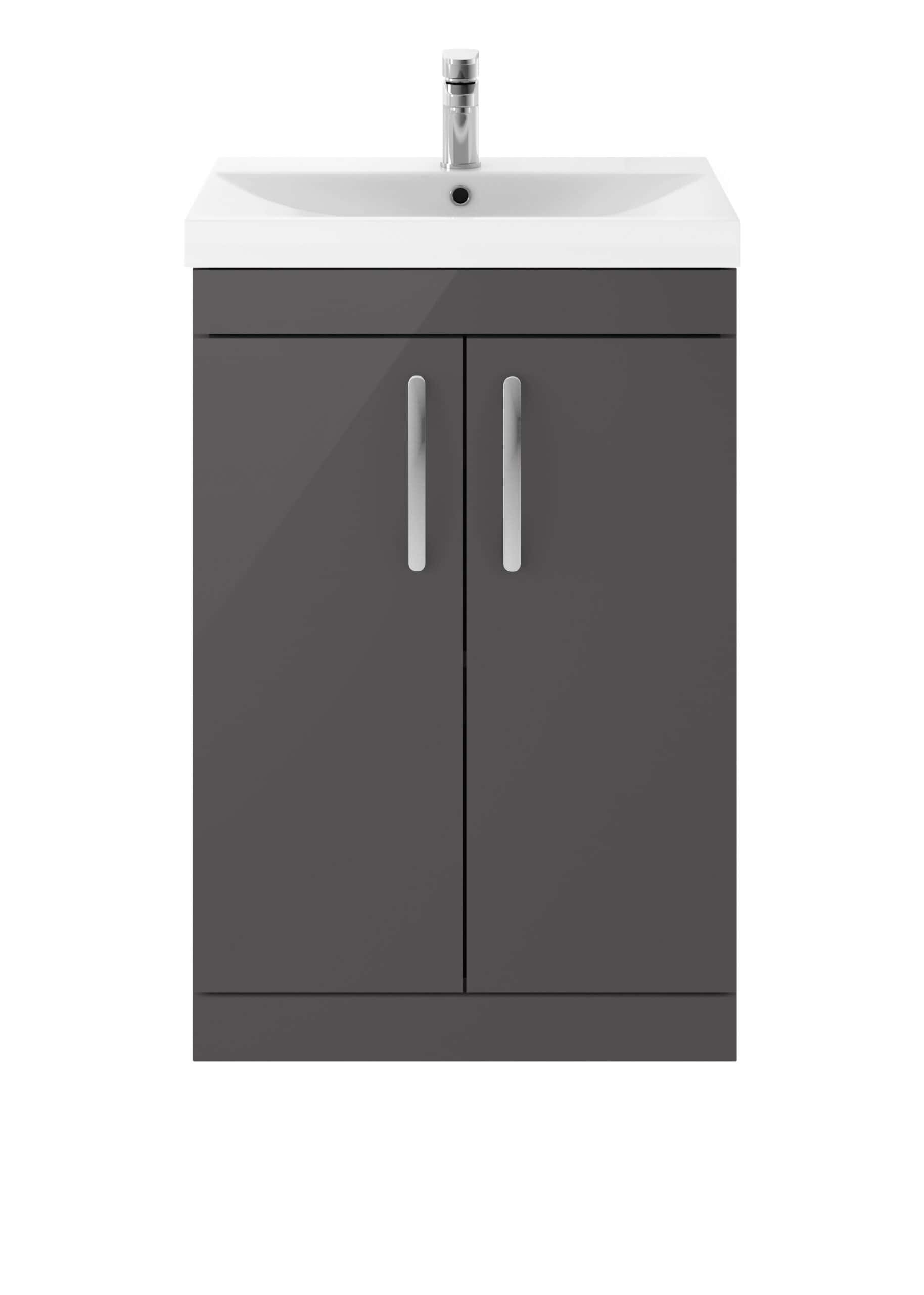 Modern bathroom sink cabinet with a white ceramic top and chrome tap, featuring grey storage units with sleek silver handles, perfect for contemporary bathroom setups.
