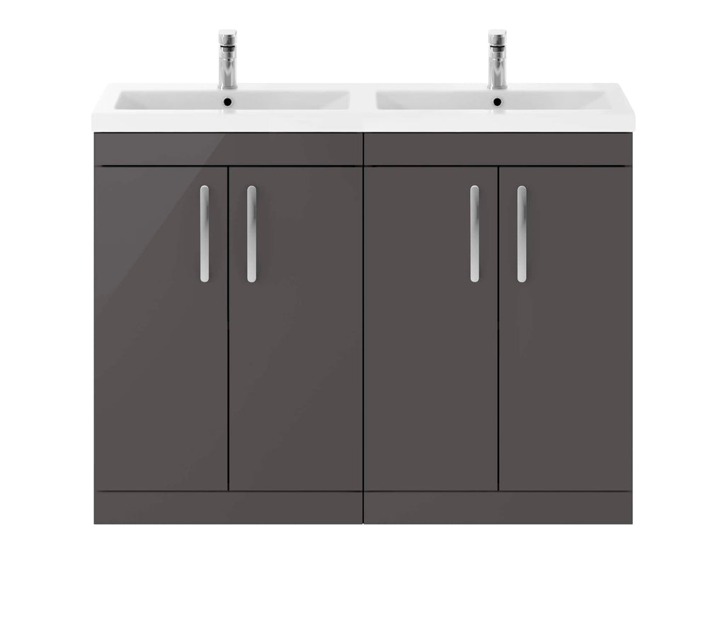 Modern grey bathroom vanity unit with double sinks and chrome handles, perfect for stylish and functional bathroom storage solutions.