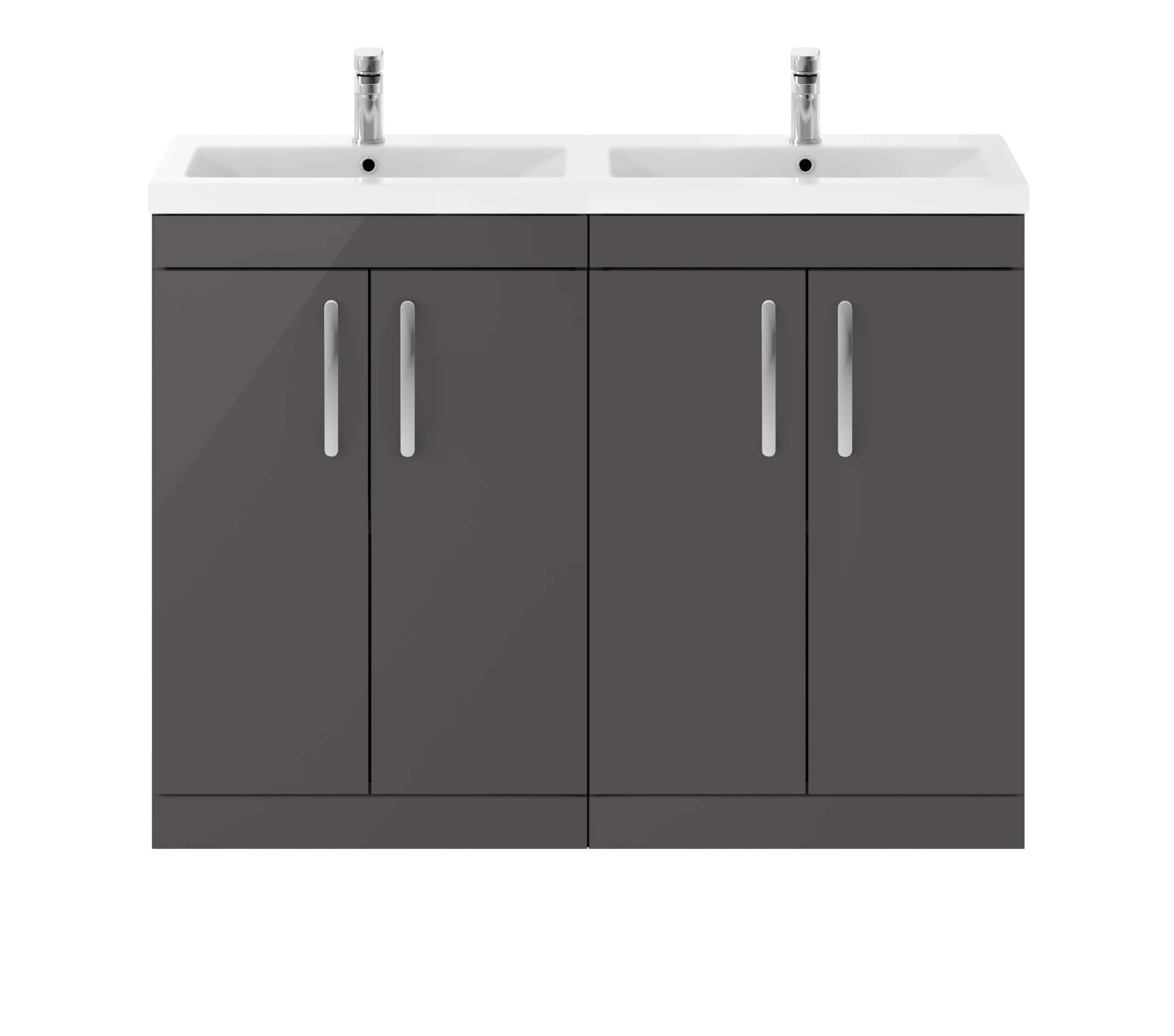 Modern grey bathroom vanity unit with double sinks and chrome handles, perfect for stylish and functional bathroom storage solutions.