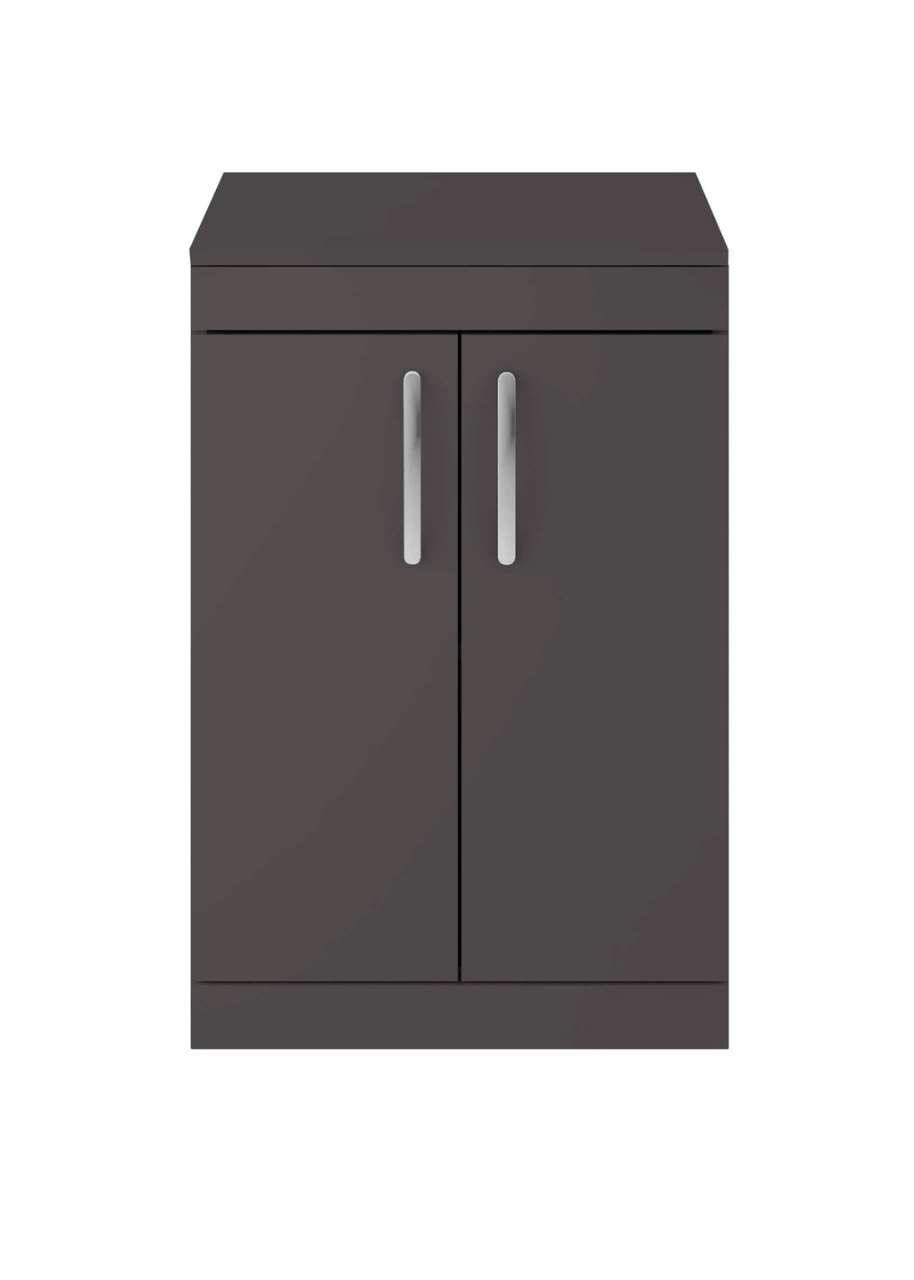 Modern grey bathroom cabinet with silver handles, ideal for stylish bathroom storage and organisation. Durable finish and sleek design perfect for contemporary bathroom designs.