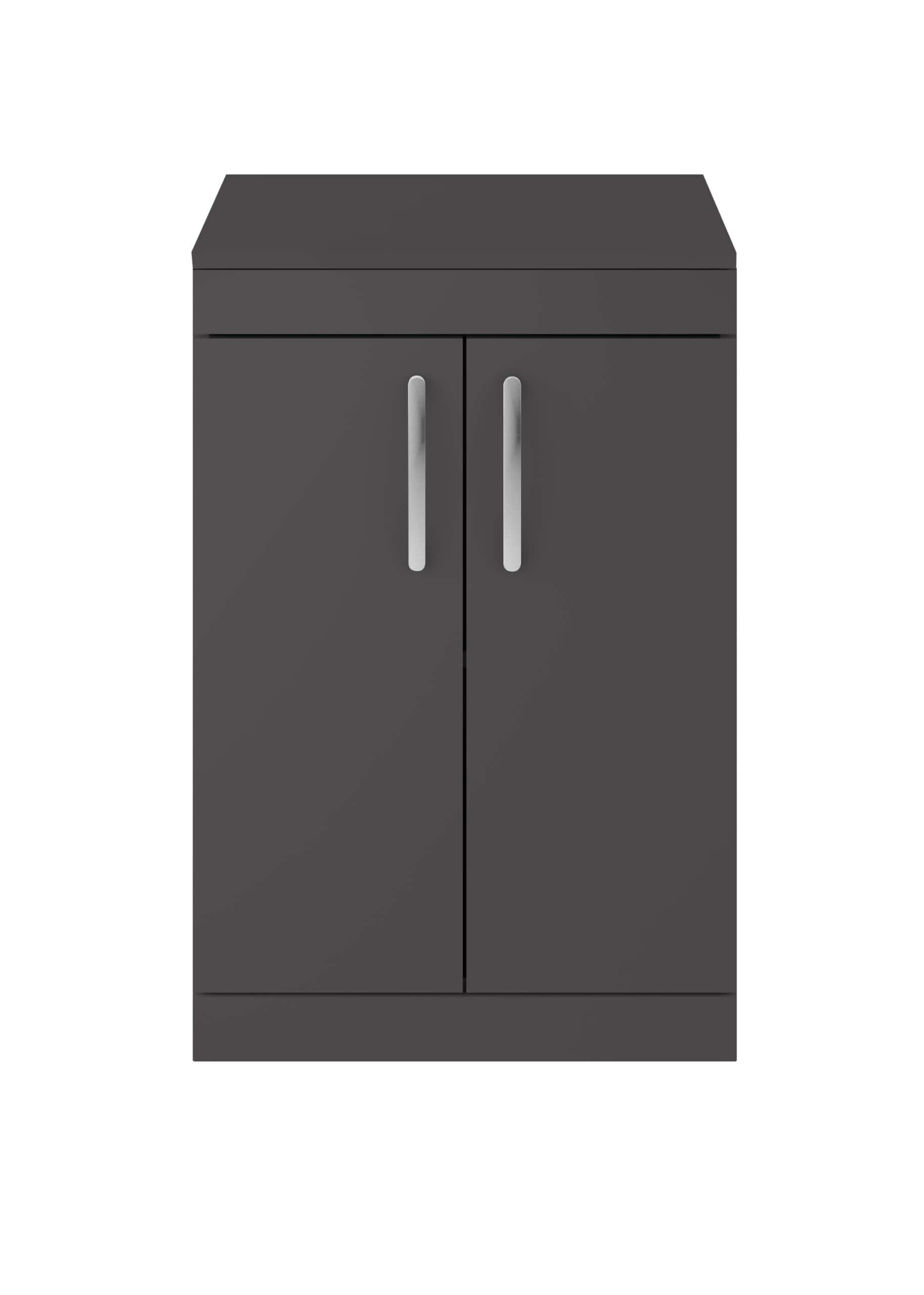 Modern grey bathroom cabinet with silver handles, ideal for stylish bathroom storage and organisation. Durable finish and sleek design perfect for contemporary bathroom designs.