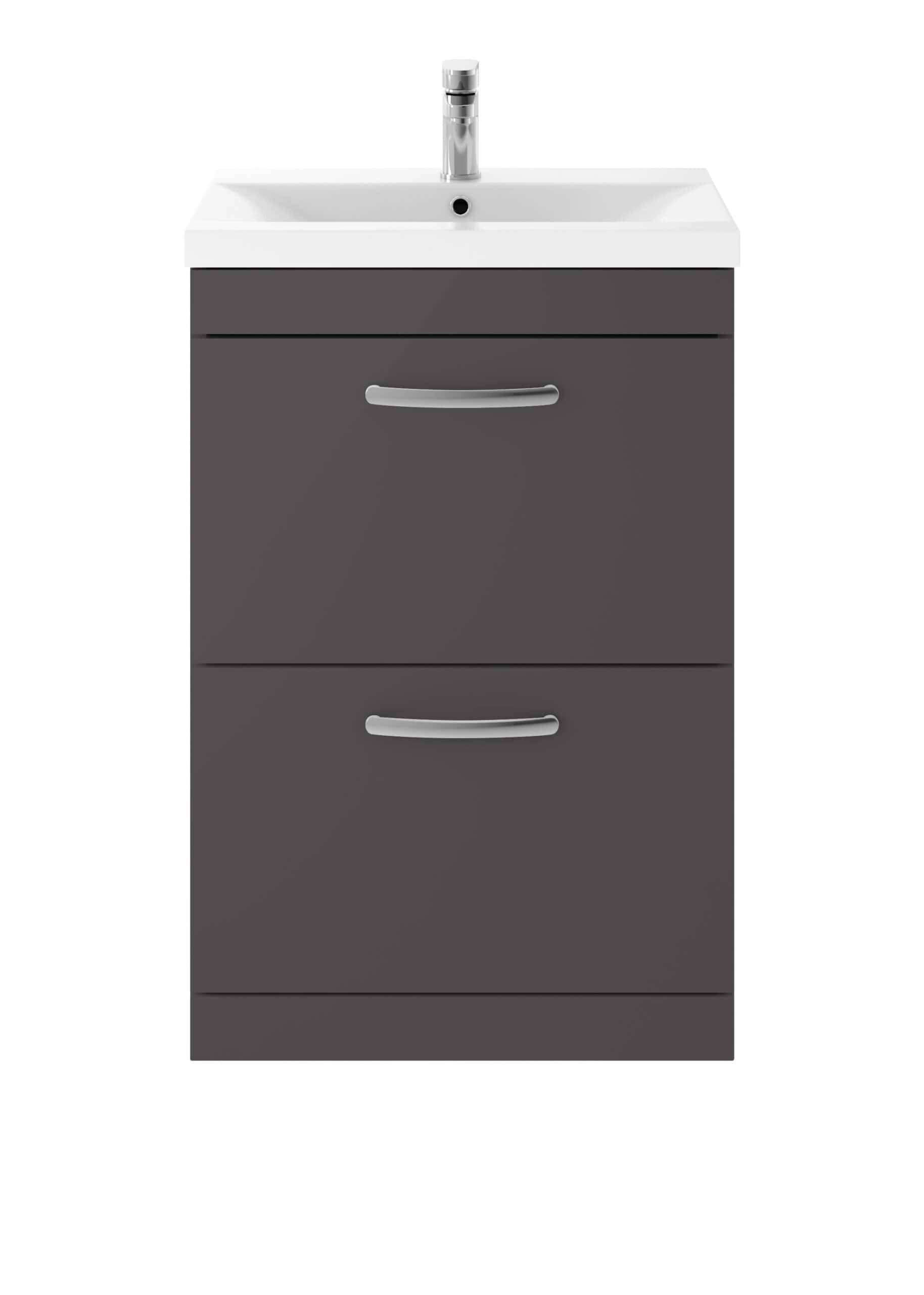Modern bathroom vanity unit with a white sink and chrome tap, featuring dark grey drawers for bathroom storage. Suitable for contemporary bathroom renovation and design.
