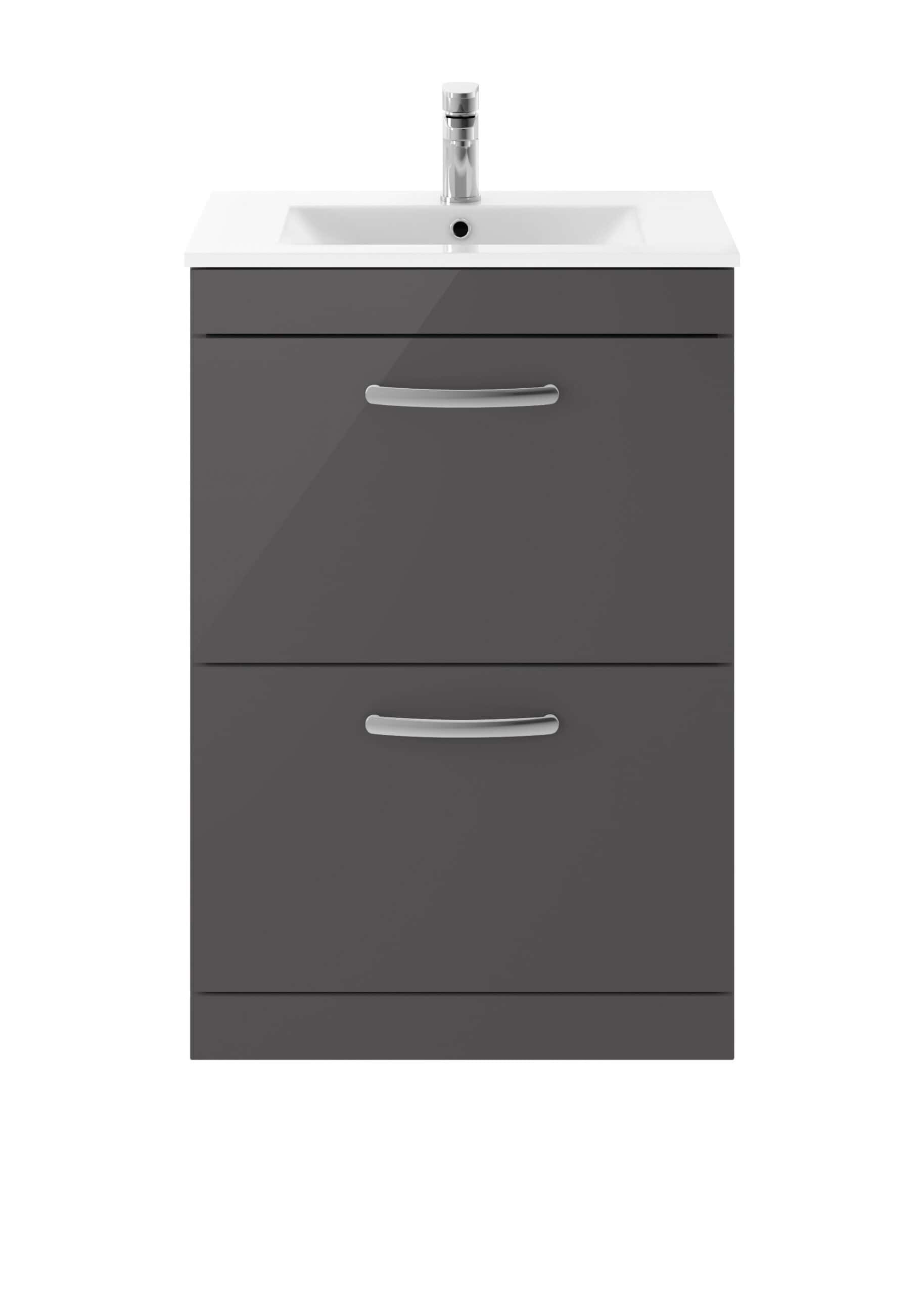 Modern grey bathroom vanity with integrated sink and storage drawers, perfect for contemporary bathroom interiors. High-quality fixtures and sleek design enhance functionality and style.
